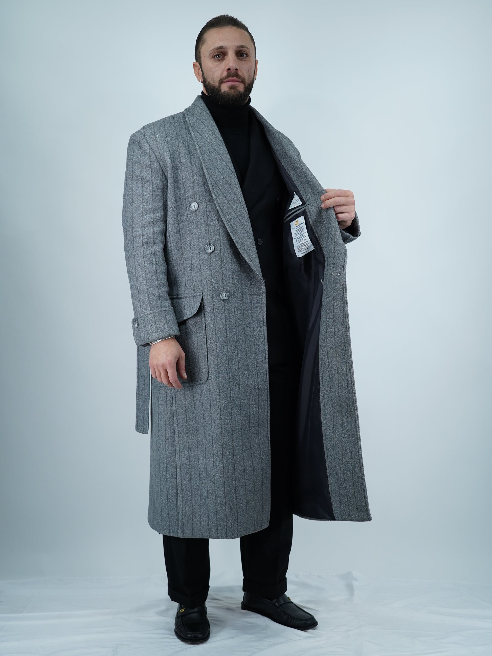 Cappotto Royal collo a scialle grigio gessato