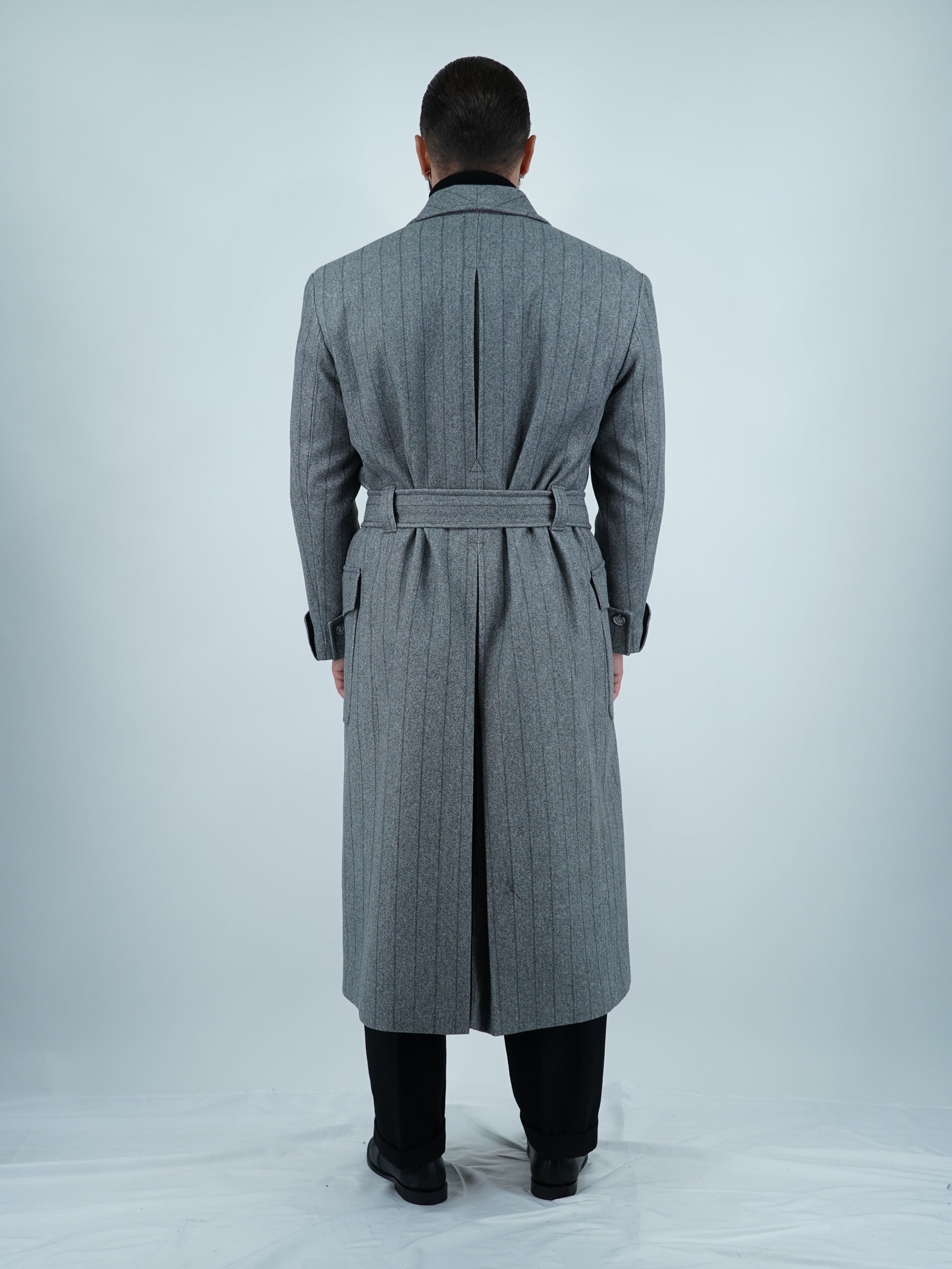 Cappotto Royal collo a scialle grigio gessato