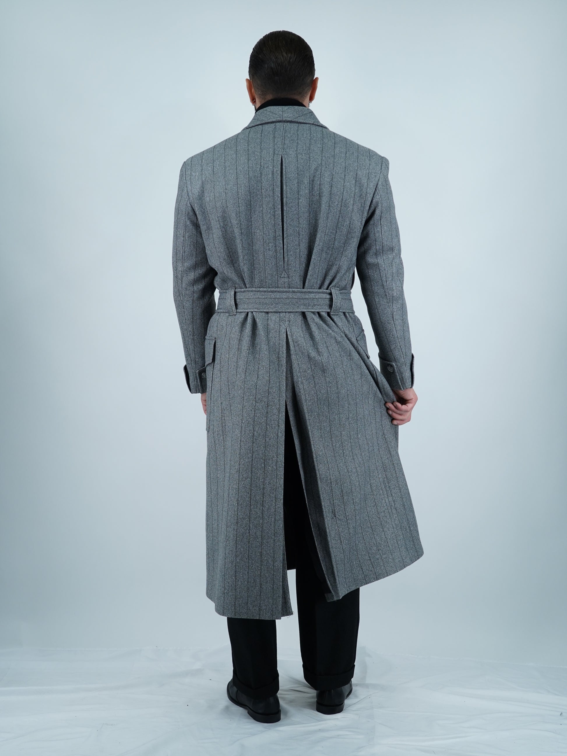 Cappotto Royal collo a scialle grigio gessato