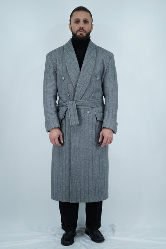 Cappotto Royal collo a scialle grigio gessato