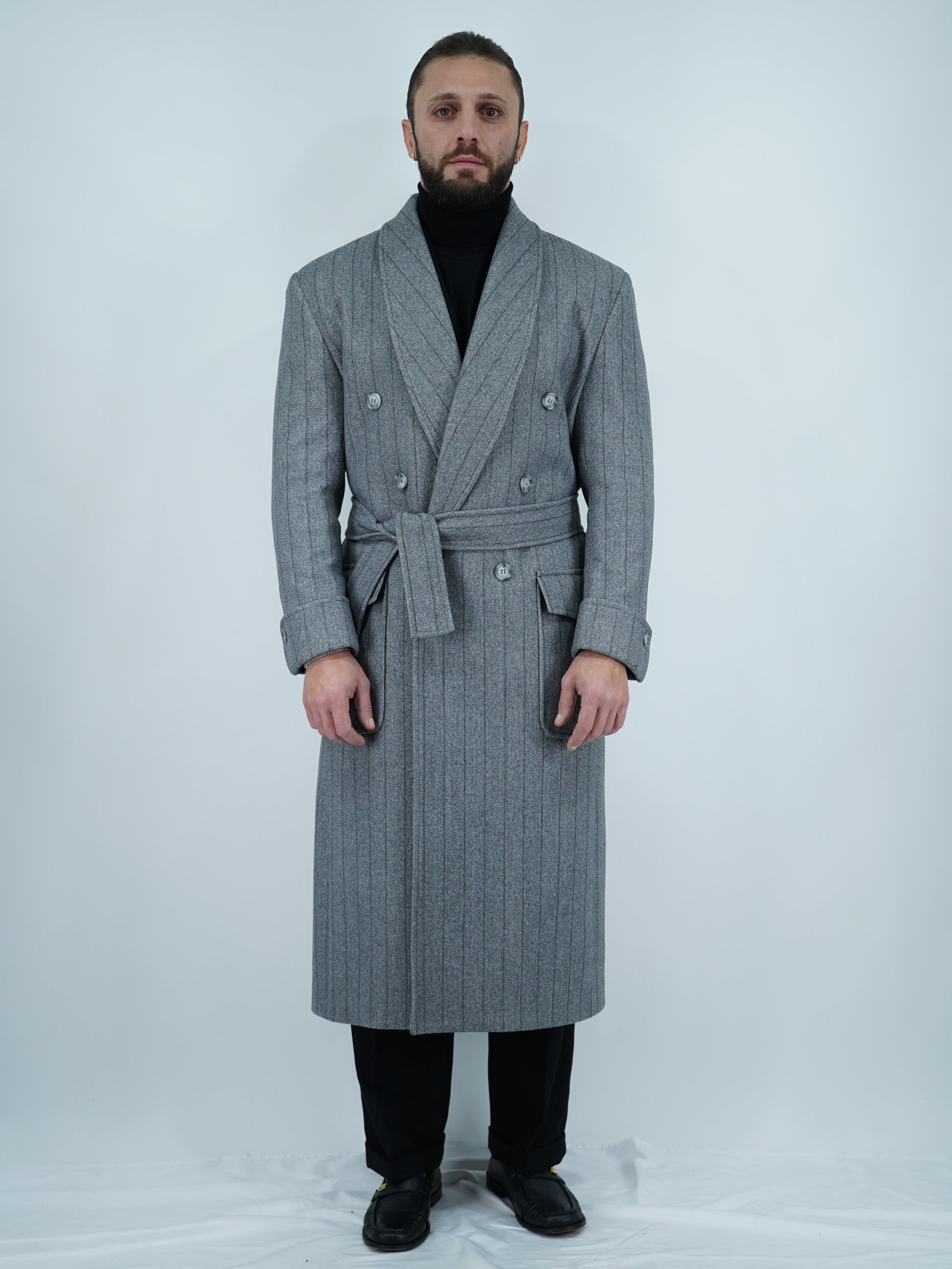 Cappotto Royal collo a scialle grigio gessato