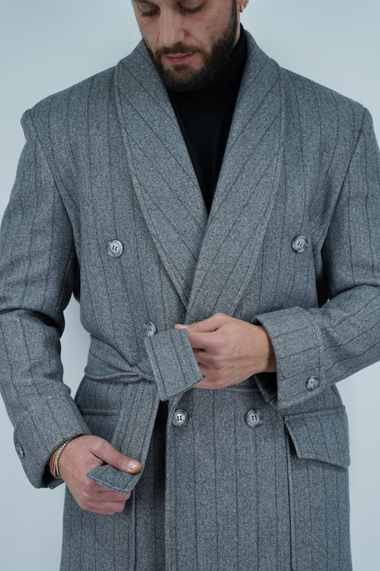 Cappotto Royal collo a scialle grigio gessato