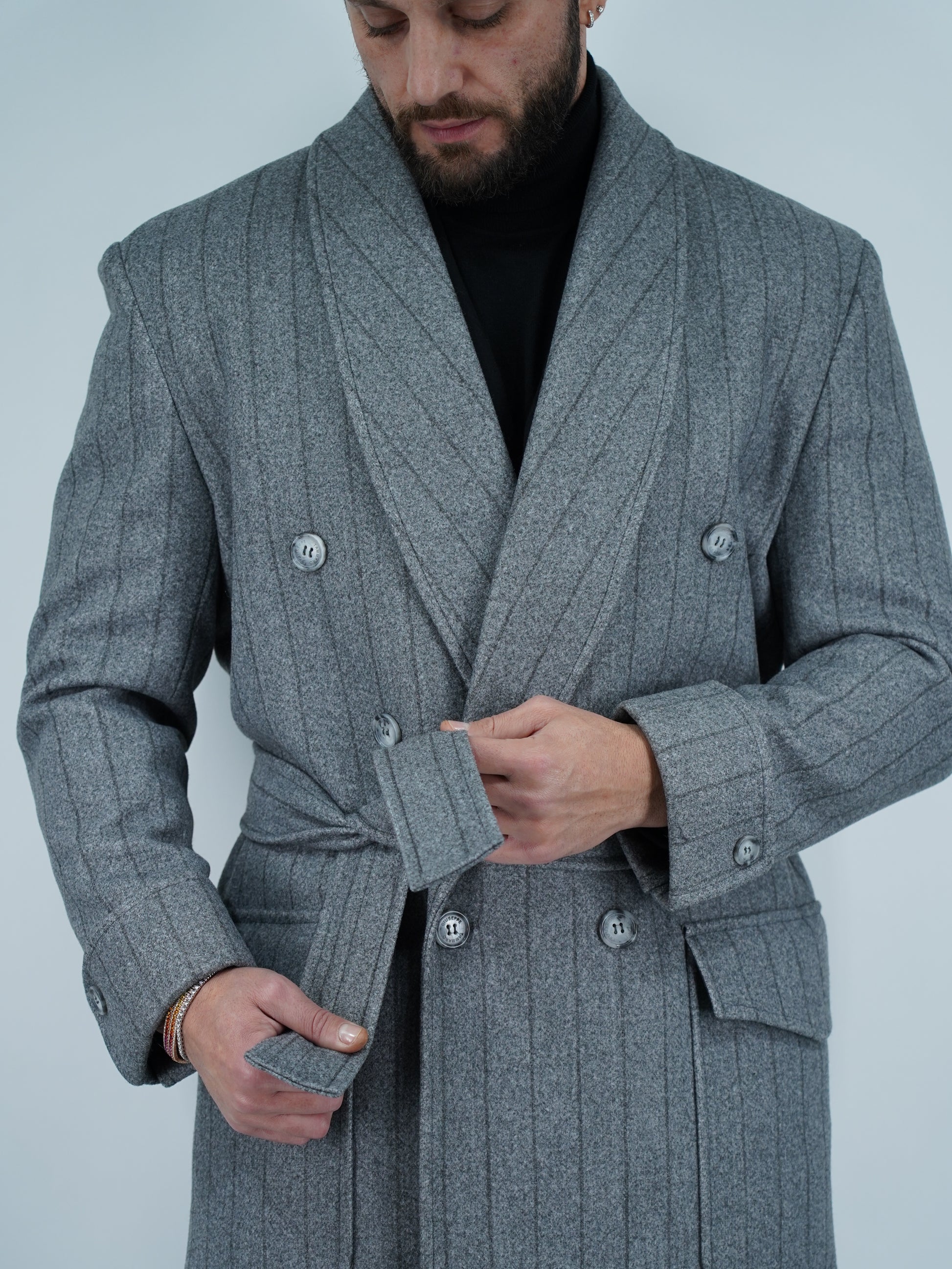 Cappotto Royal collo a scialle grigio gessato