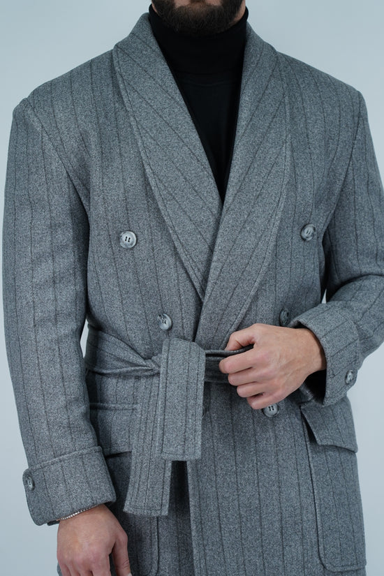 Cappotto Royal collo a scialle grigio gessato