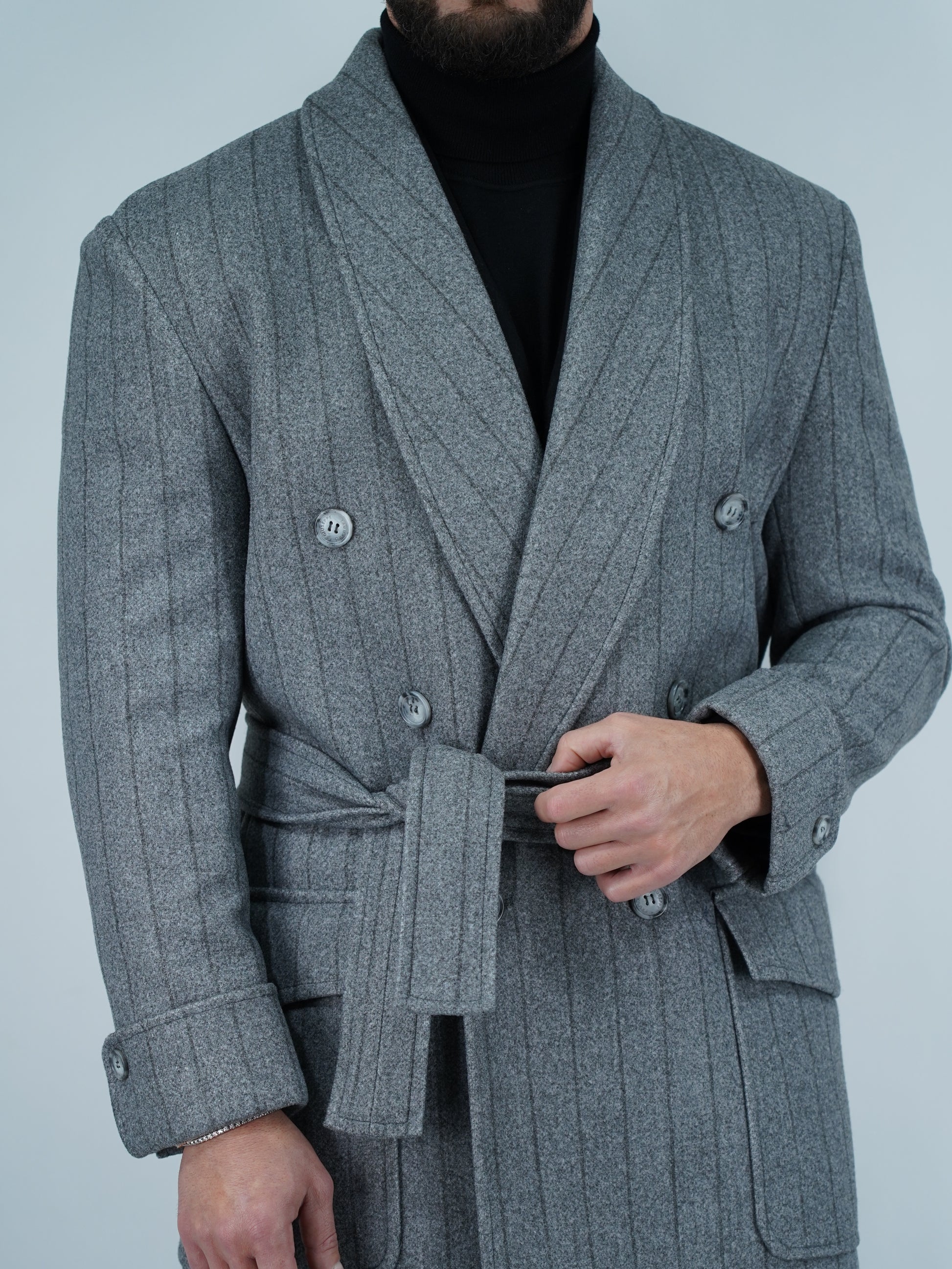 Cappotto Royal collo a scialle grigio gessato