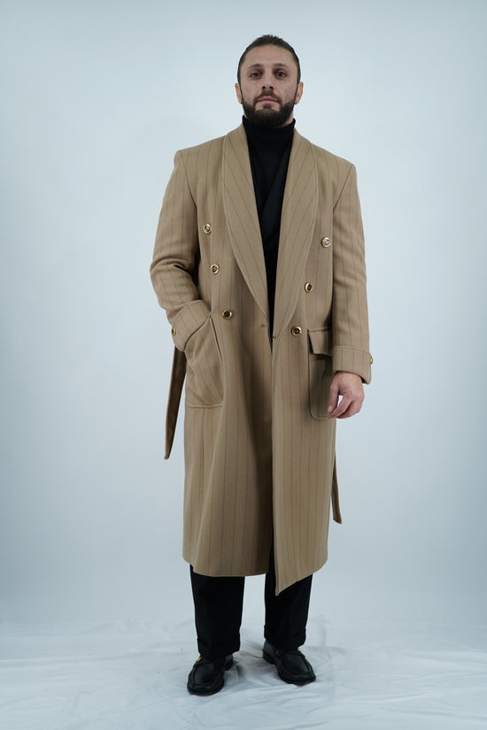 Cappotto Royal collo a scialle beige gessato