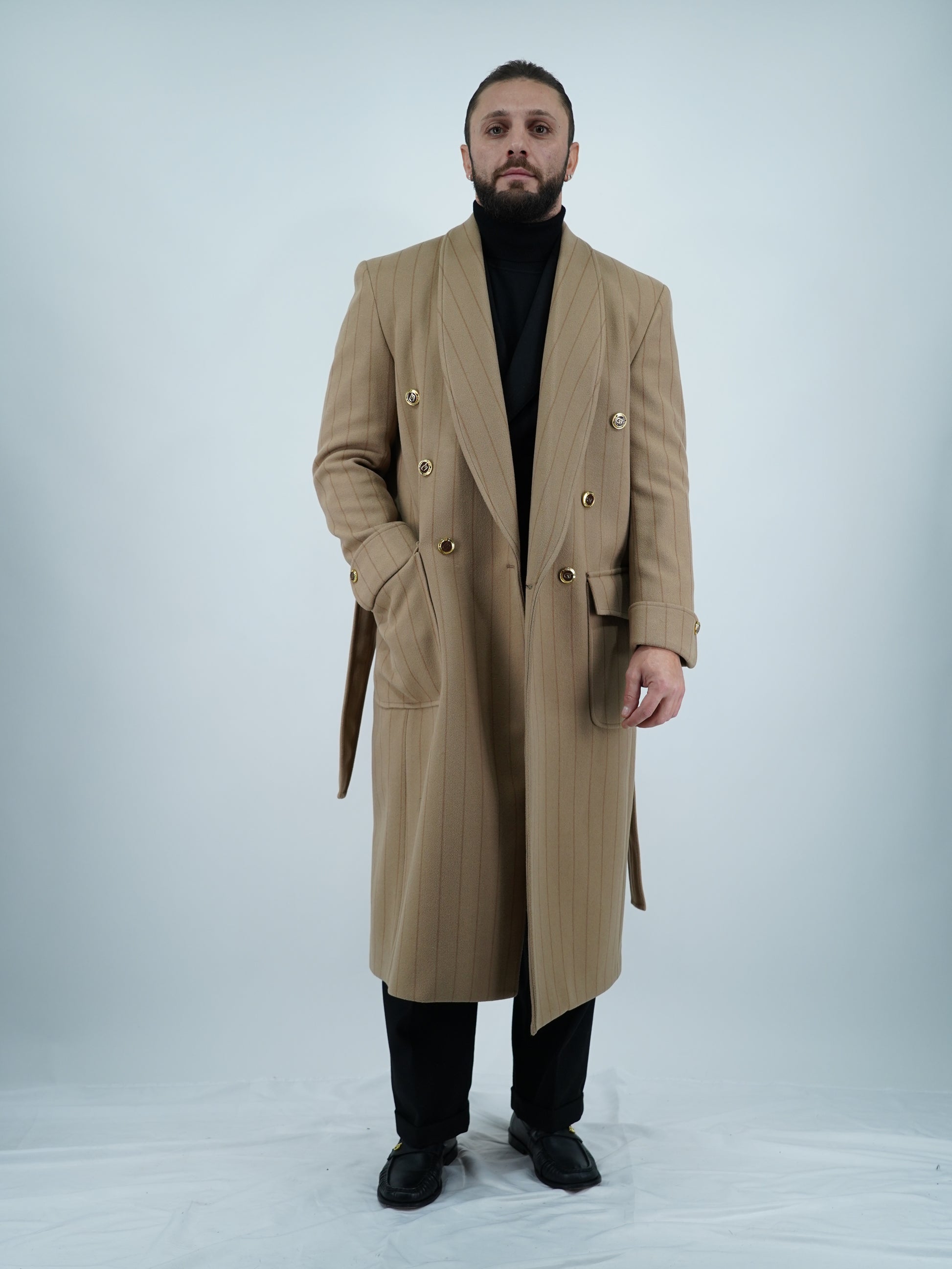 Cappotto Royal collo a scialle beige gessato