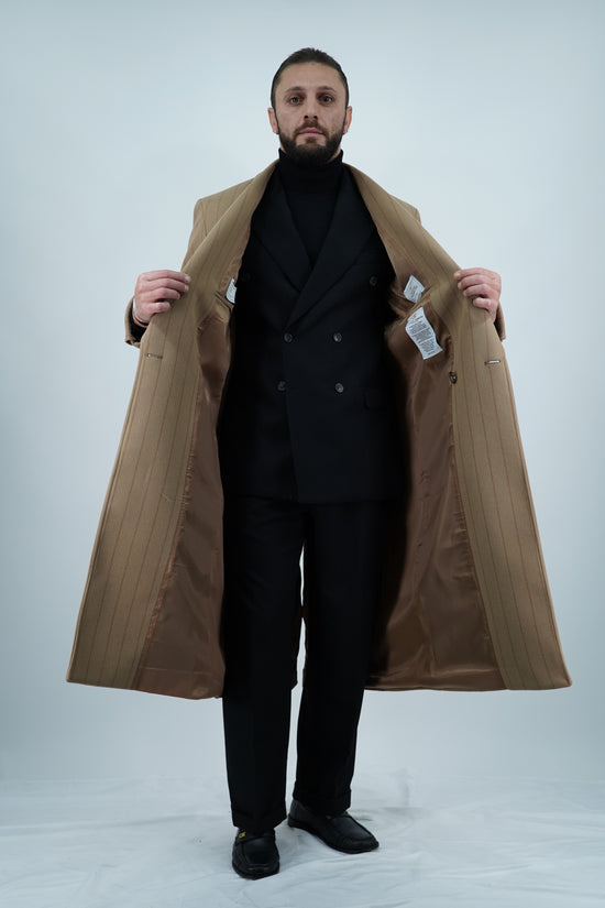 Cappotto Royal collo a scialle beige gessato