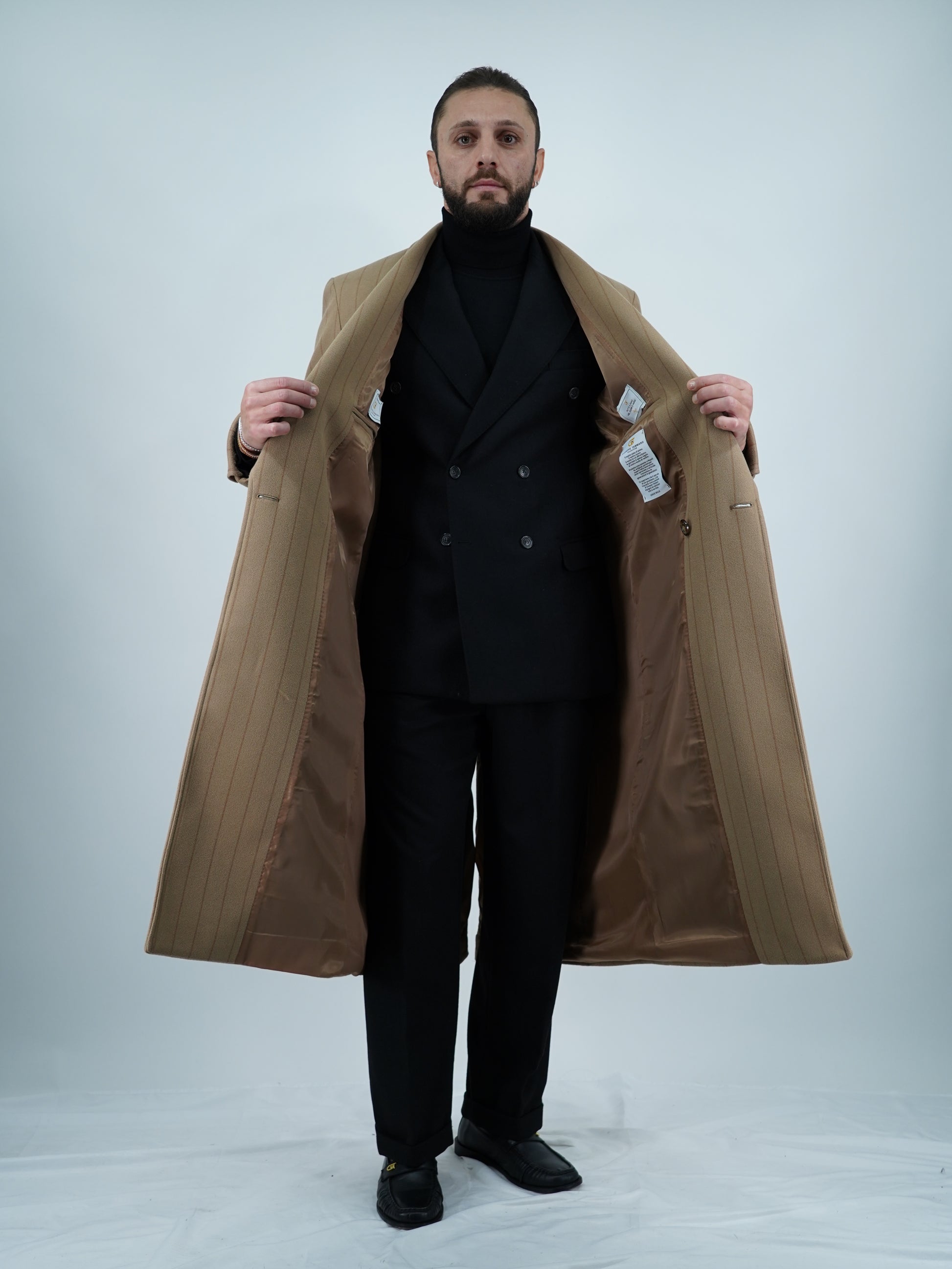 Cappotto Royal collo a scialle beige gessato