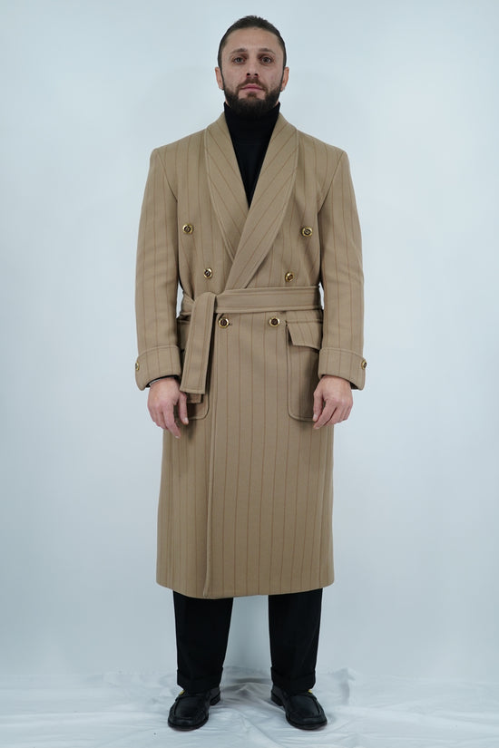 Cappotto Royal collo a scialle beige gessato