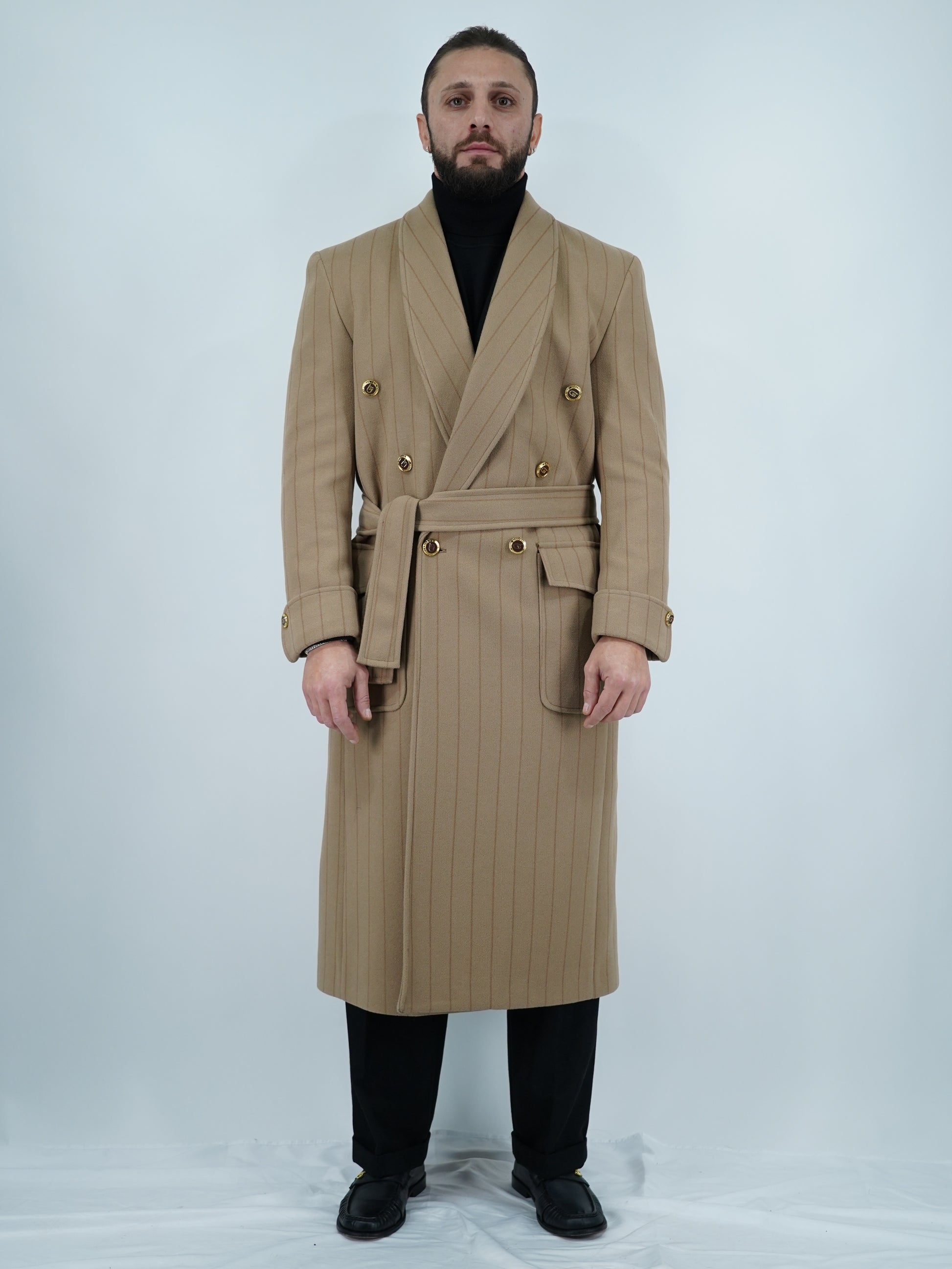 Cappotto Royal collo a scialle beige gessato