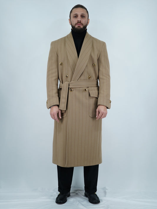 Cappotto Royal collo a scialle beige gessato