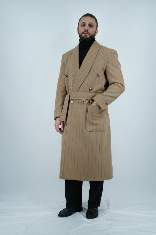 Cappotto Royal collo a scialle beige gessato