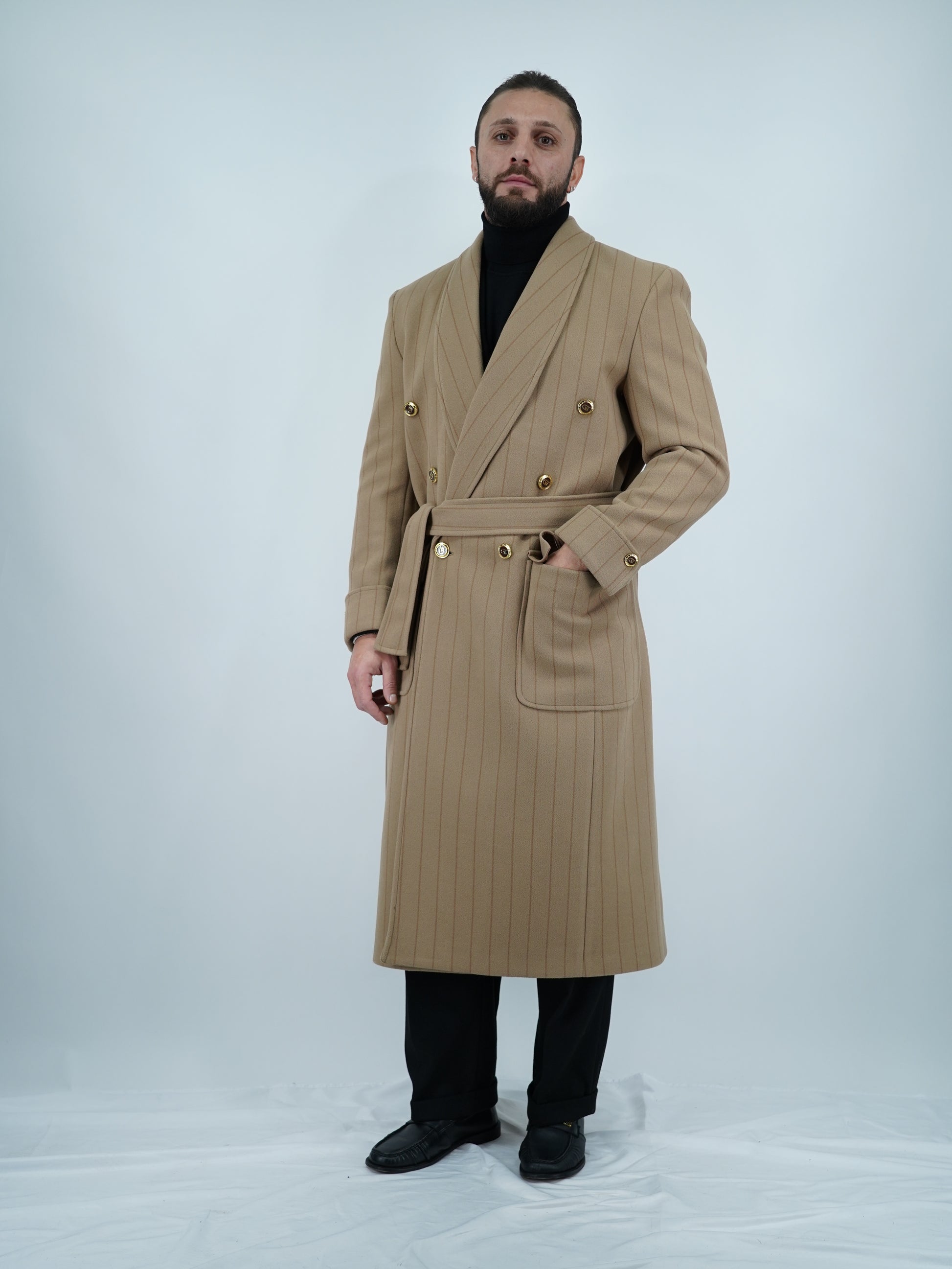 Cappotto Royal collo a scialle beige gessato