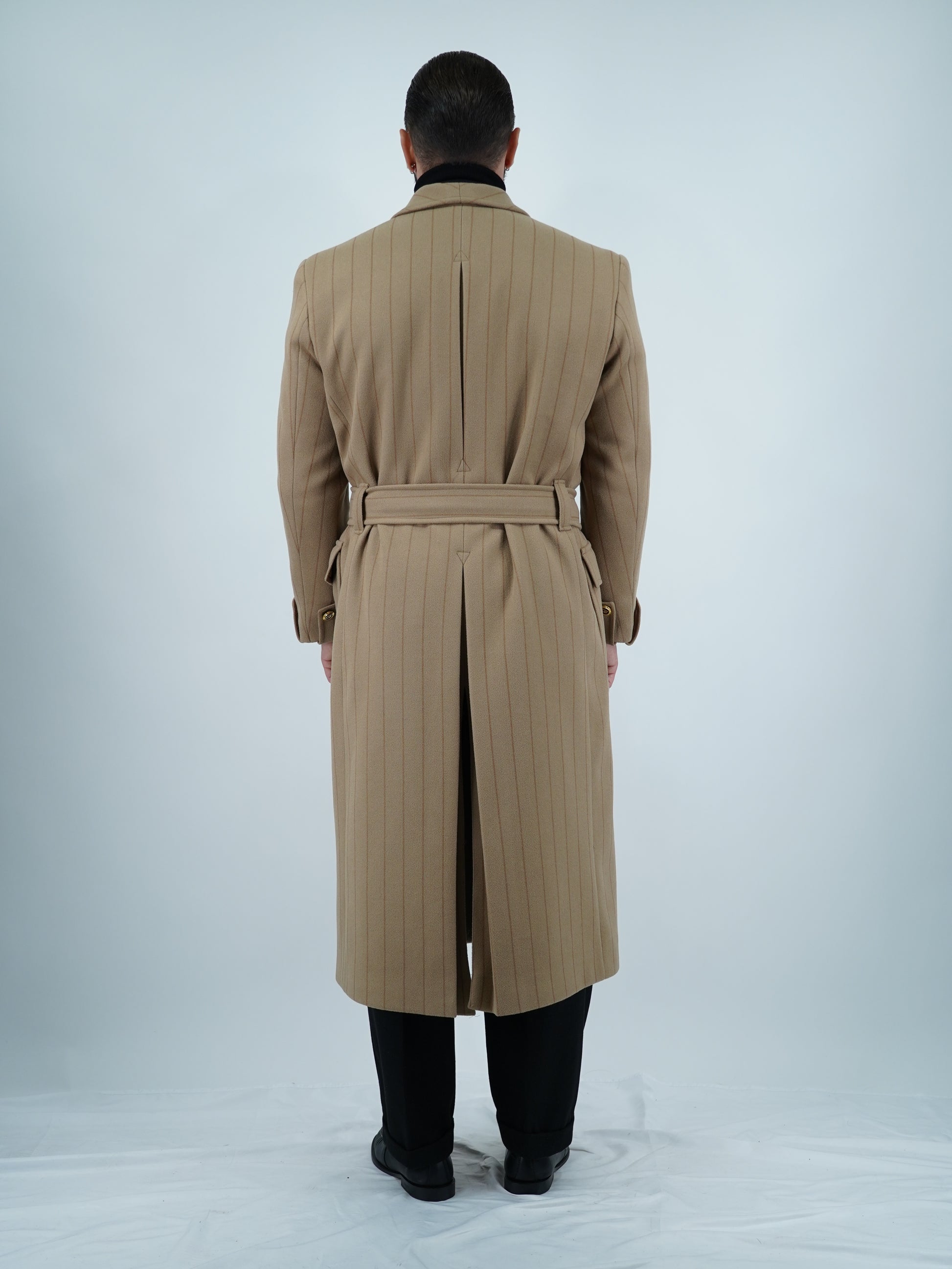 Cappotto Royal collo a scialle beige gessato