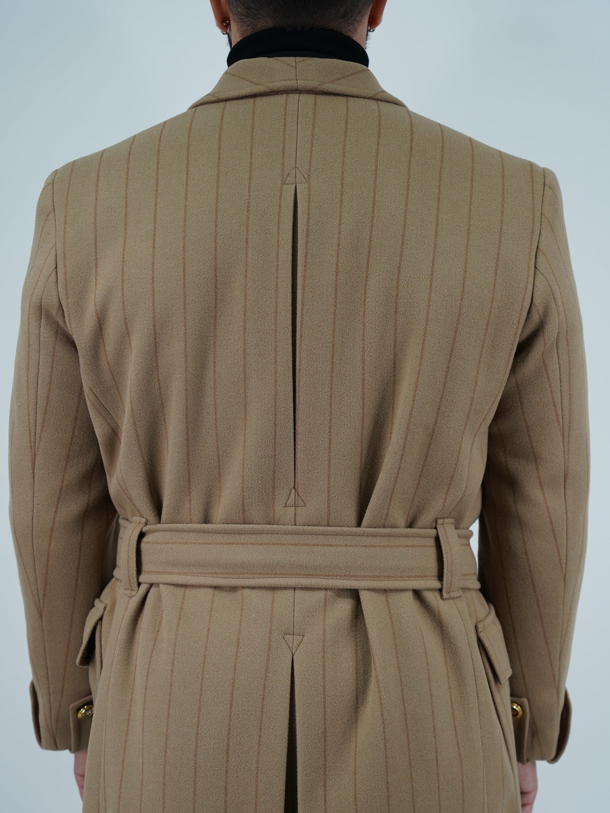 Cappotto Royal collo a scialle beige gessato