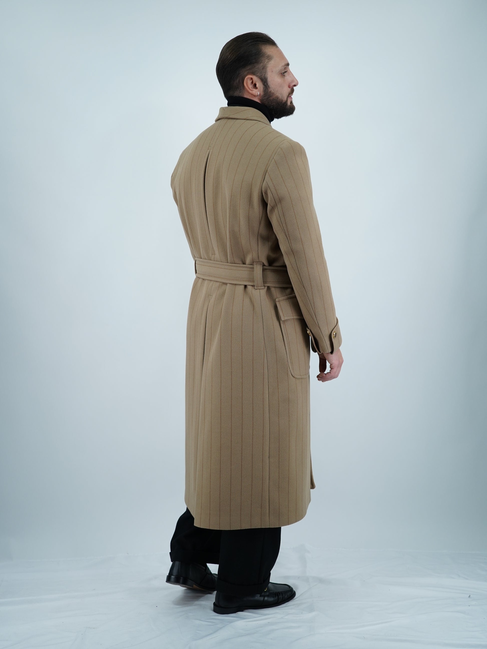 Cappotto Royal collo a scialle beige gessato