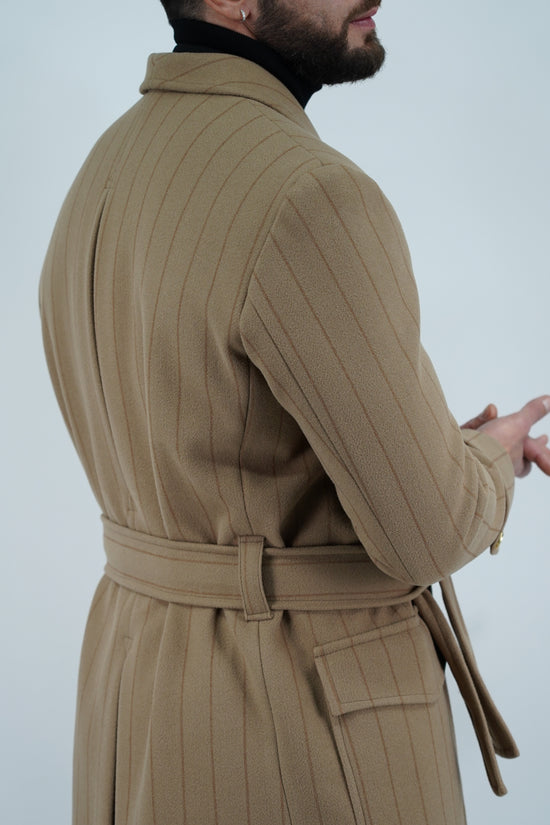 Cappotto Royal collo a scialle beige gessato