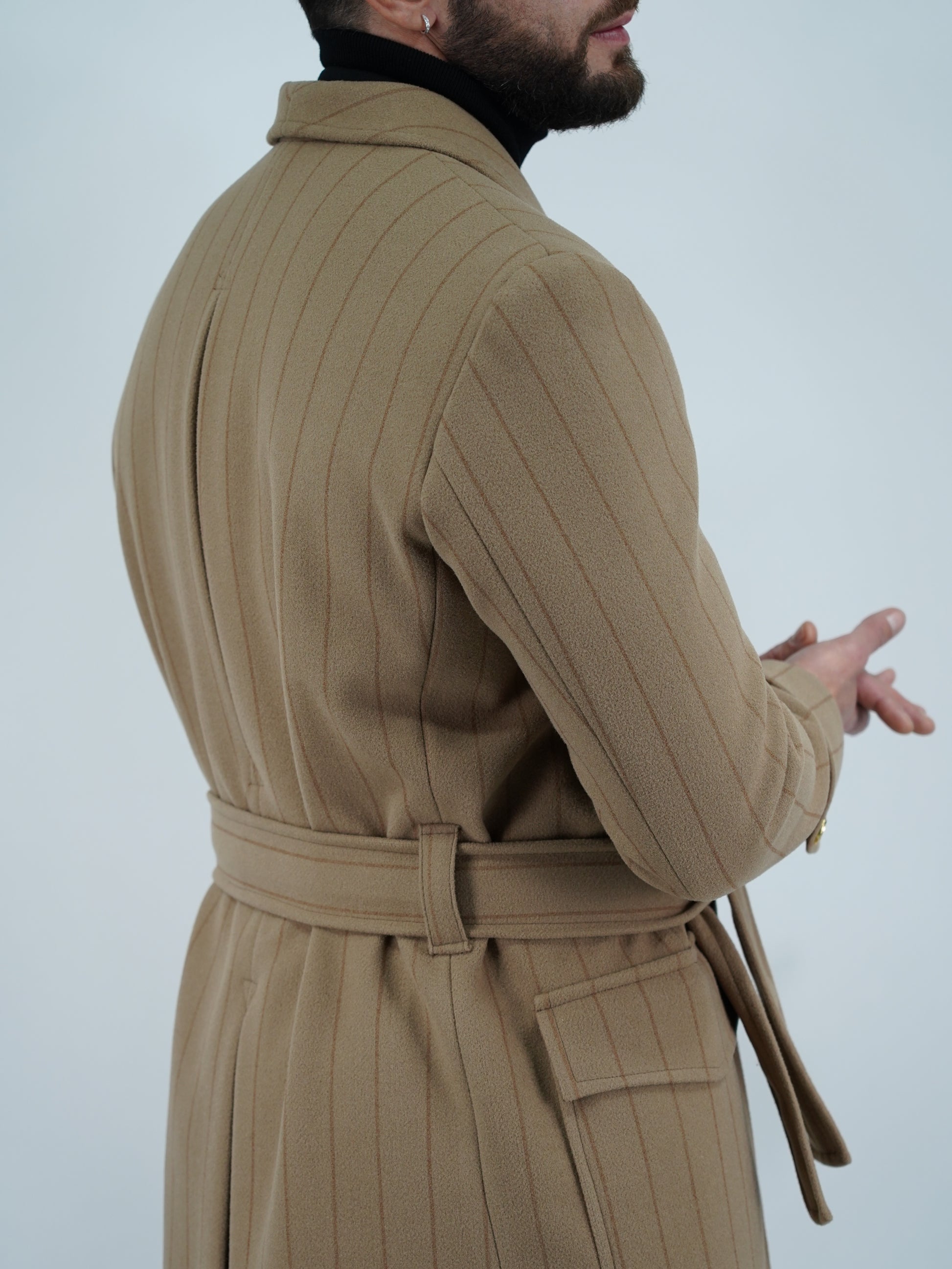 Cappotto Royal collo a scialle beige gessato