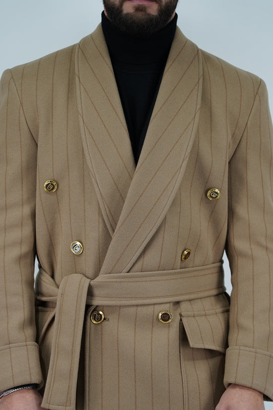 Cappotto Royal collo a scialle beige gessato