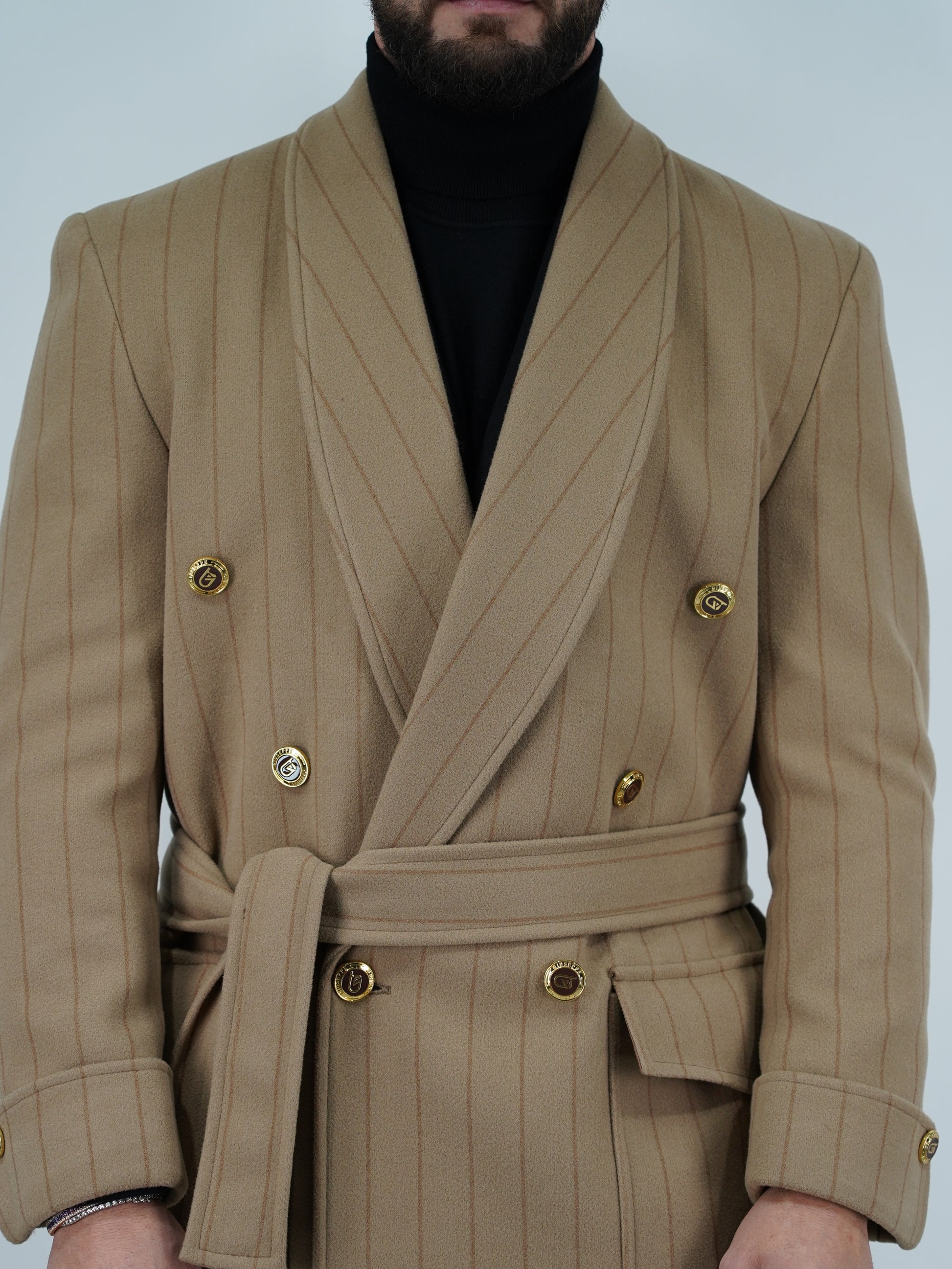 Cappotto Royal collo a scialle beige gessato