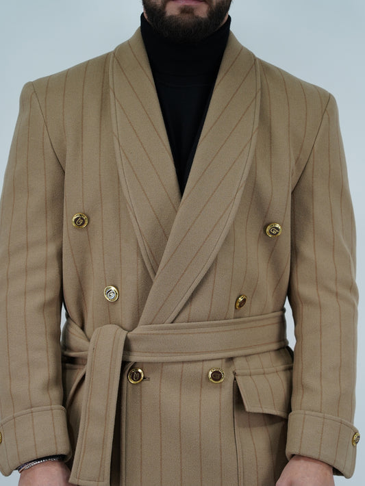 Cappotto Royal collo a scialle beige gessato