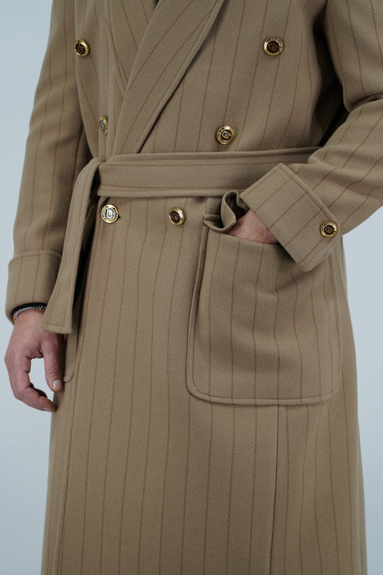 Cappotto Royal collo a scialle beige gessato