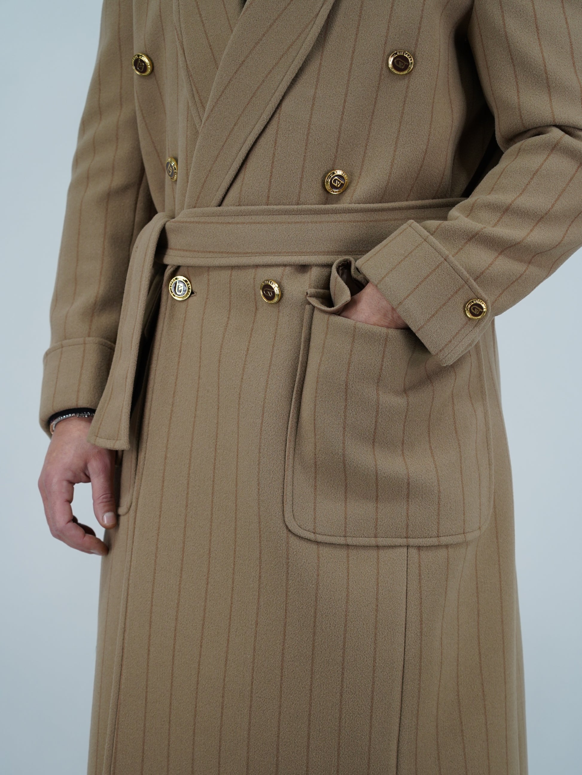 Cappotto Royal collo a scialle beige gessato