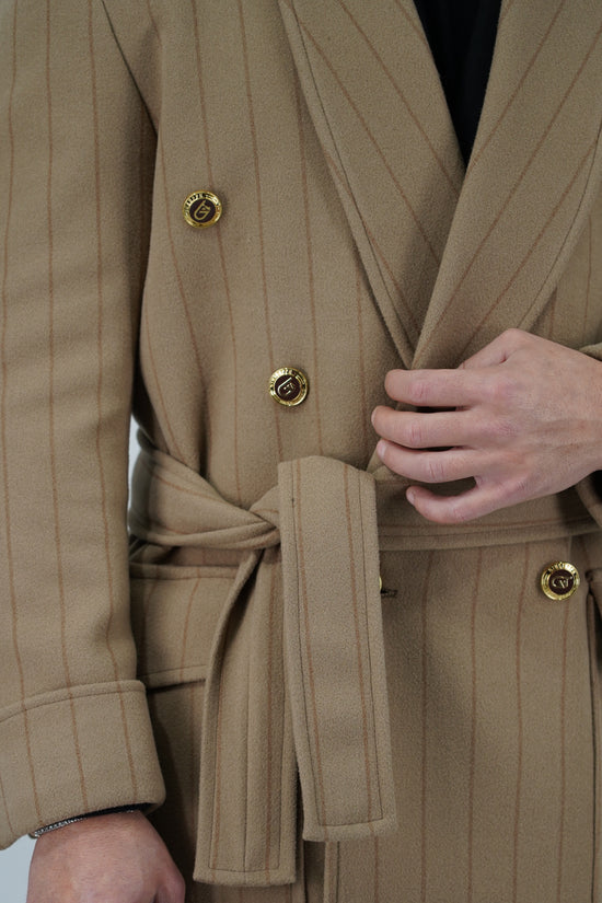 Cappotto Royal collo a scialle beige gessato