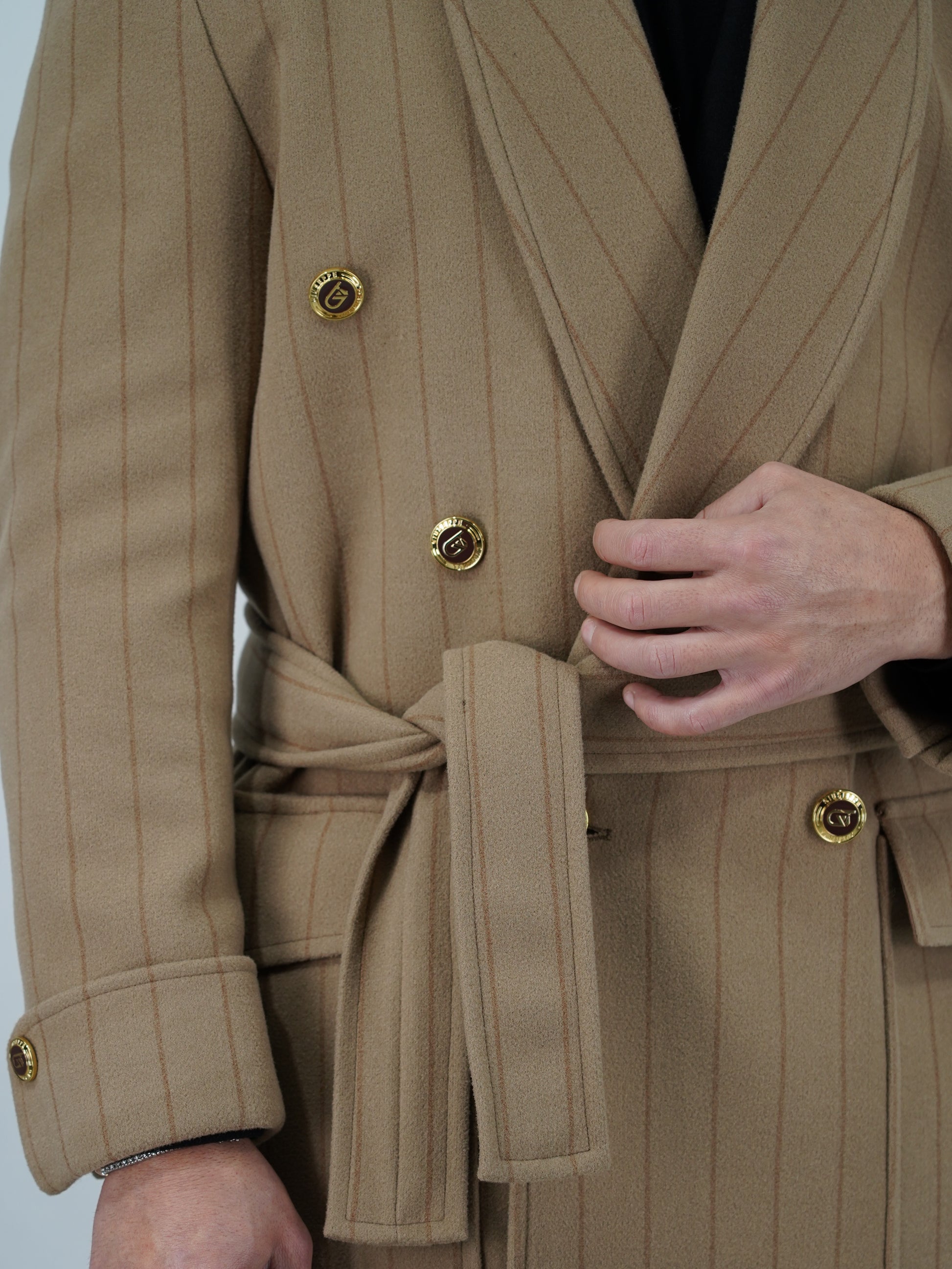 Cappotto Royal collo a scialle beige gessato