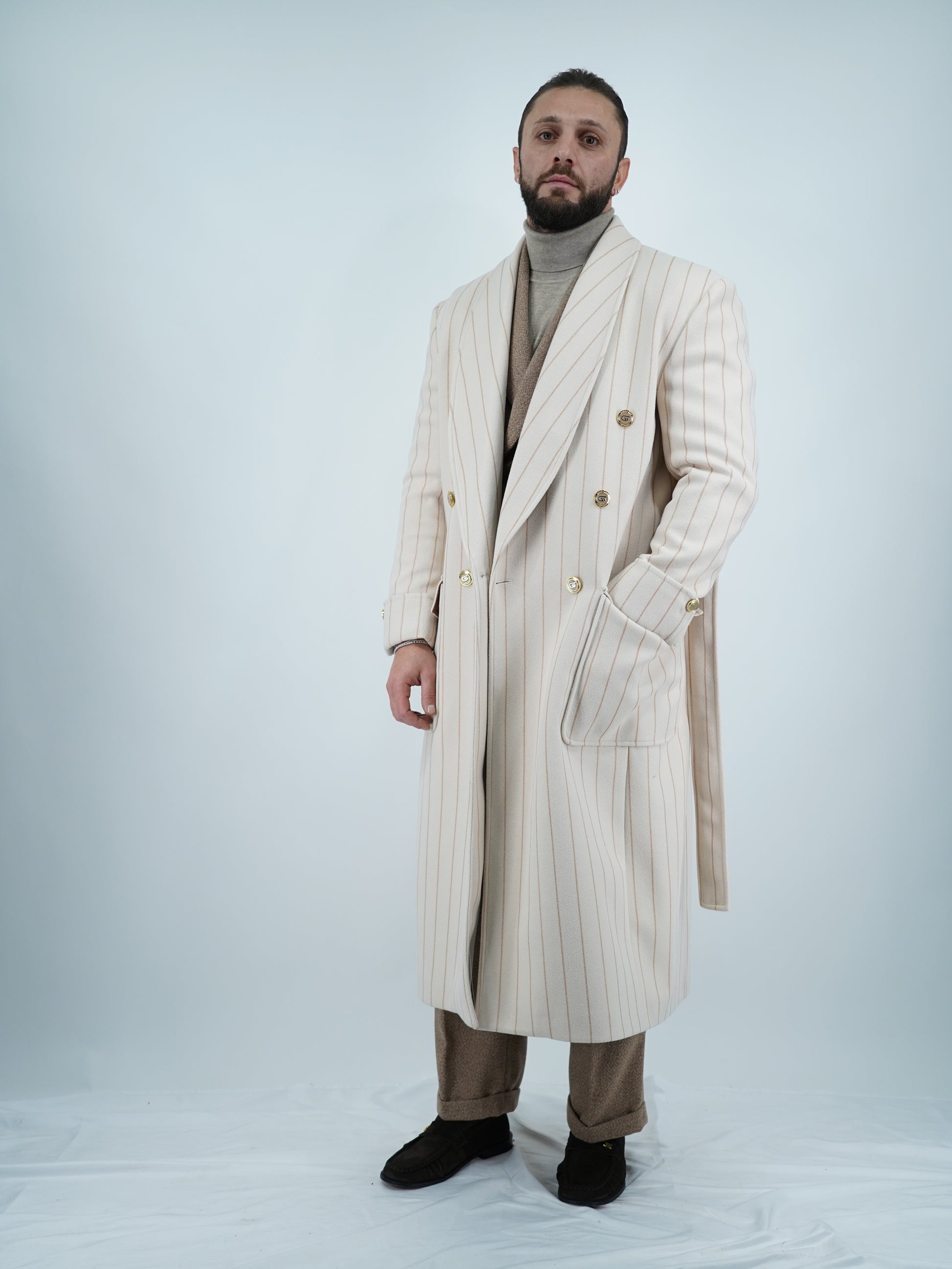 Cappotto Royal collo a scialle panna gessato