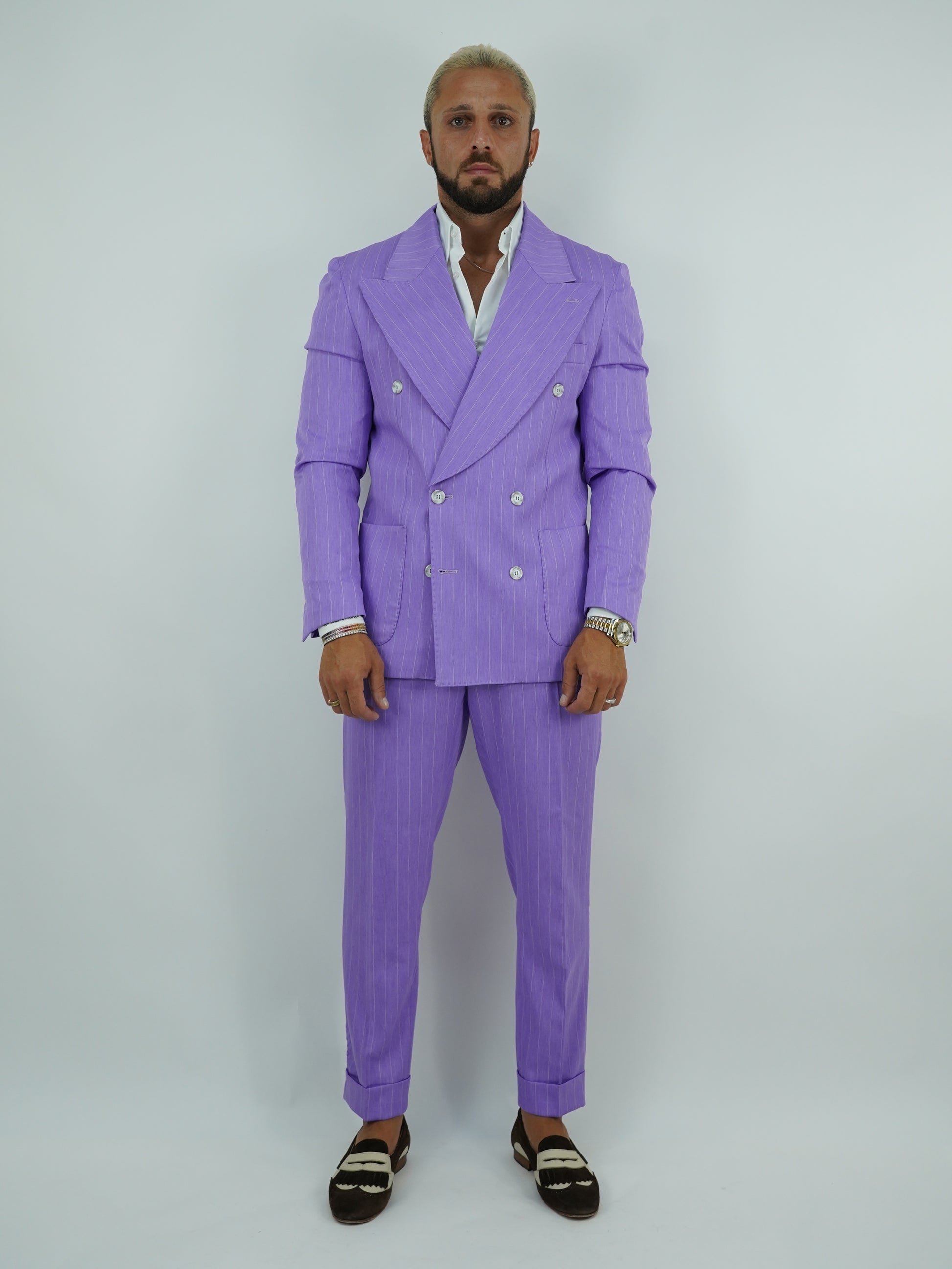 Abito Extensive doppiopetto petto a lancia lilla gessato