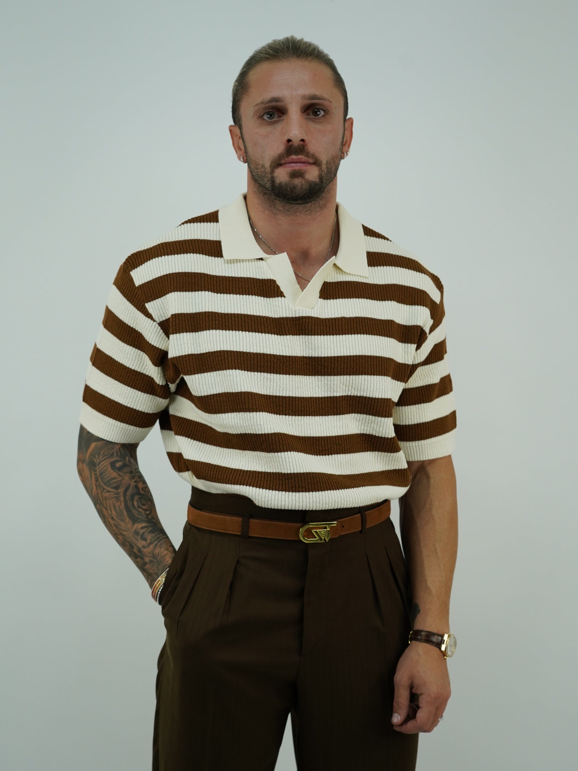 Polo in cotone smacchinato panna/marrone