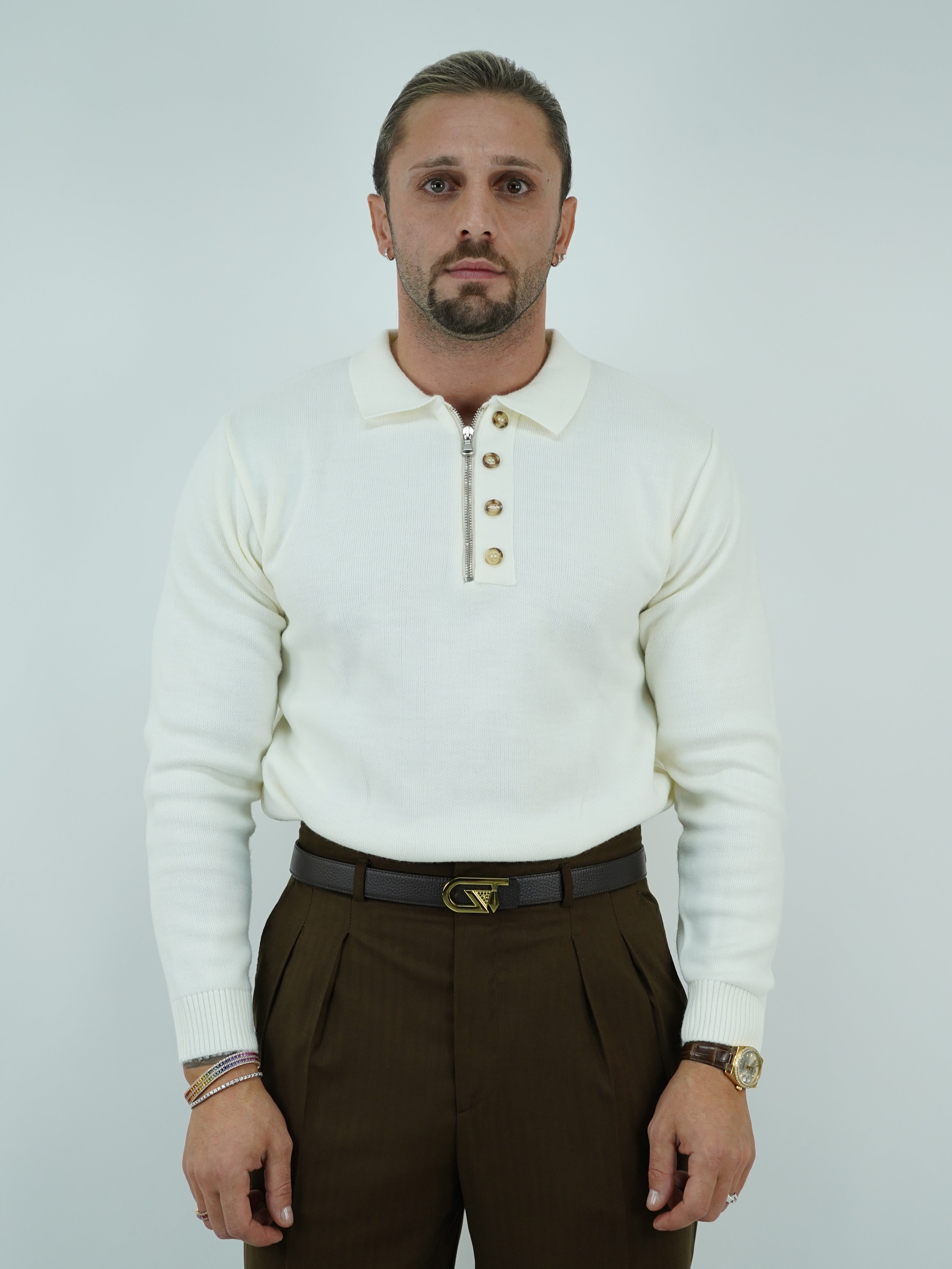 Maglia polo con zip panna in lana
