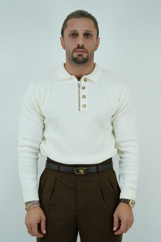 Maglia polo con zip panna in lana