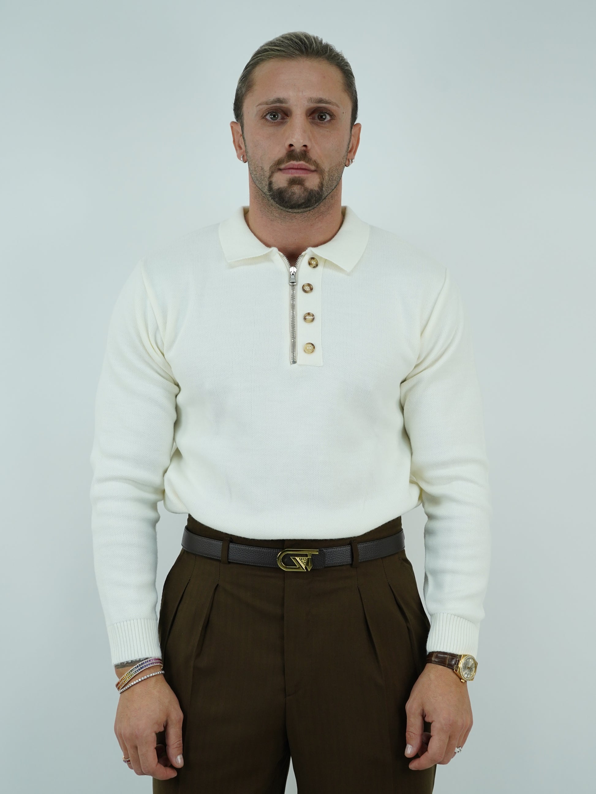 Maglia polo con zip panna in lana