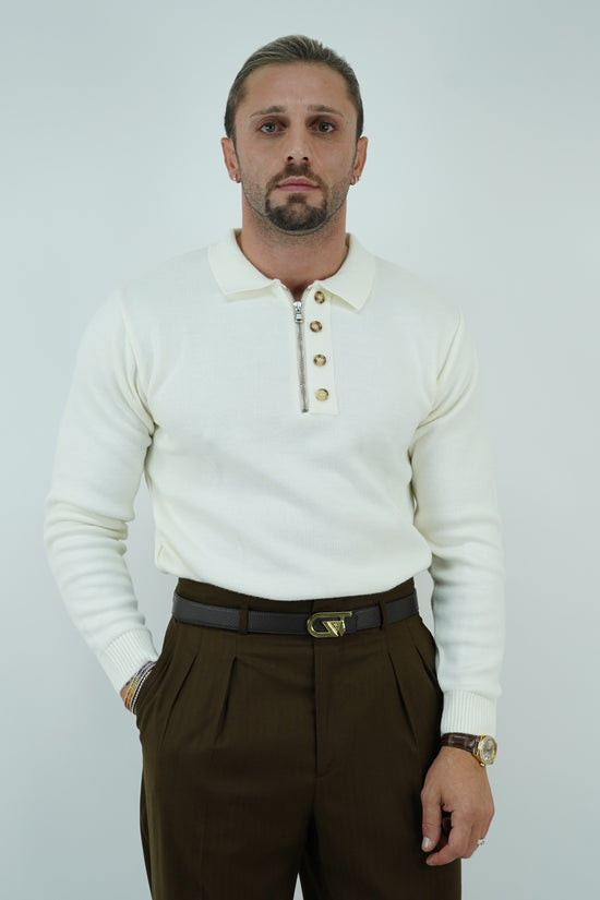 Maglia polo con zip panna in lana