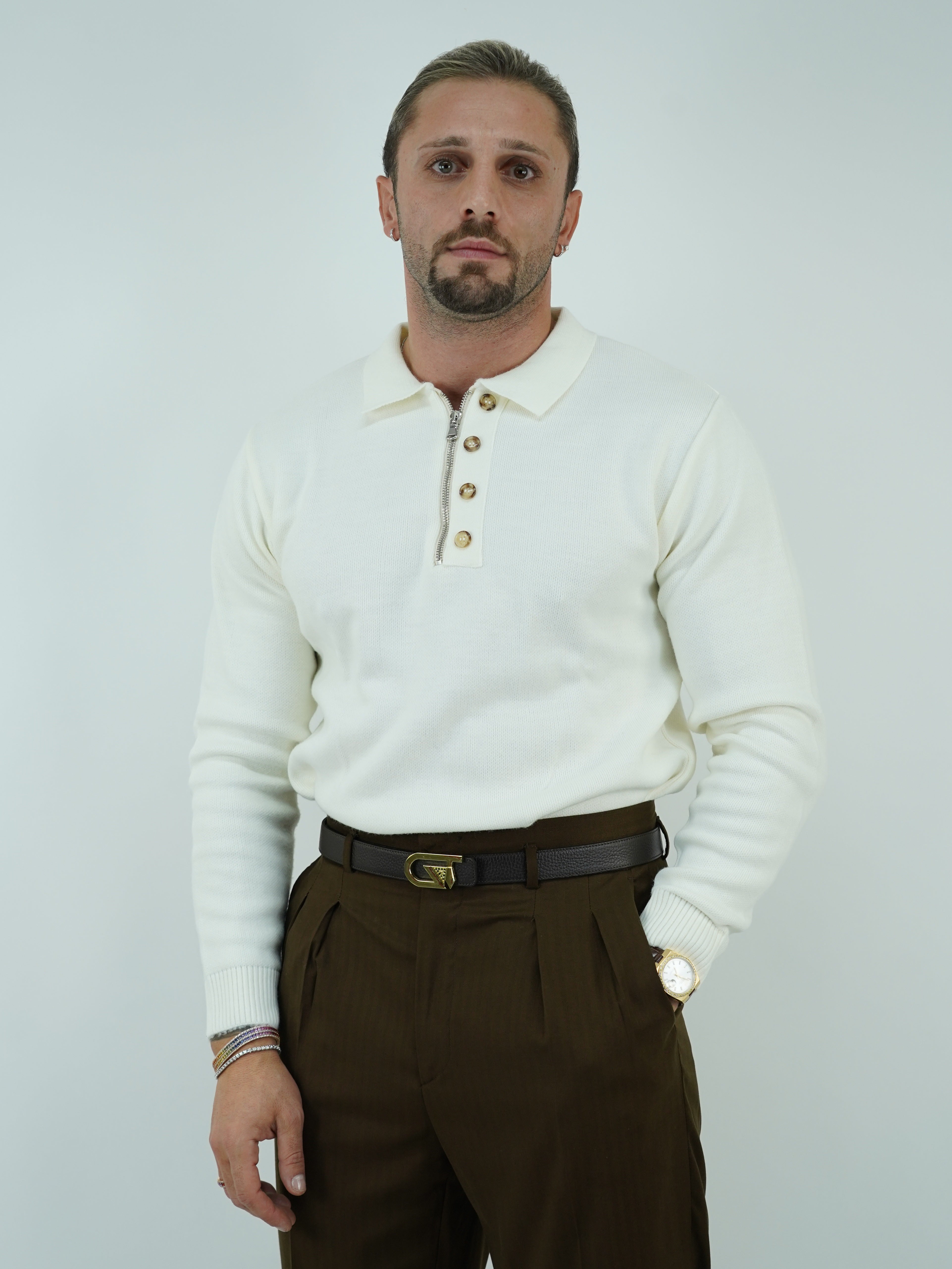 Maglia polo con zip panna in lana