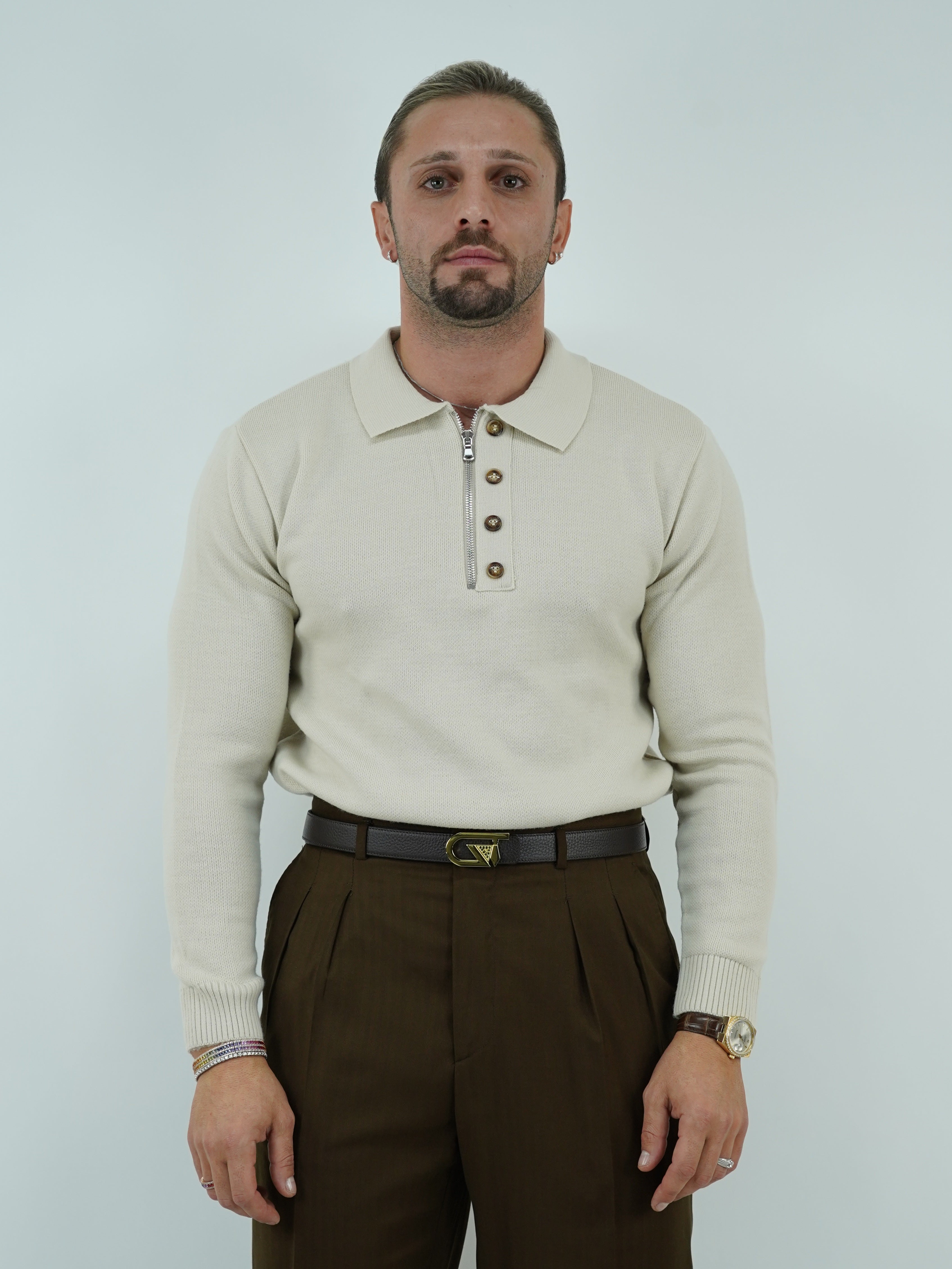 Maglia polo con zip beige in lana