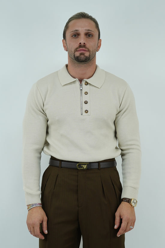 Maglia polo con zip beige in lana