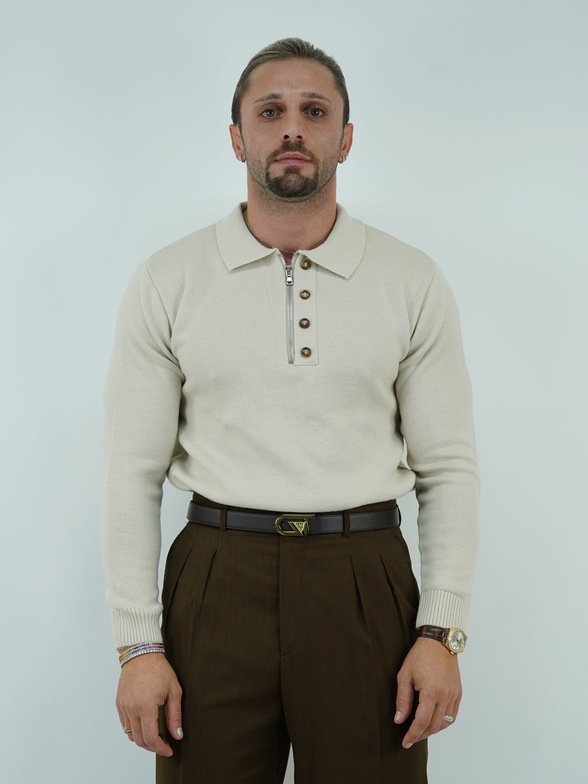 Maglia polo con zip beige in lana