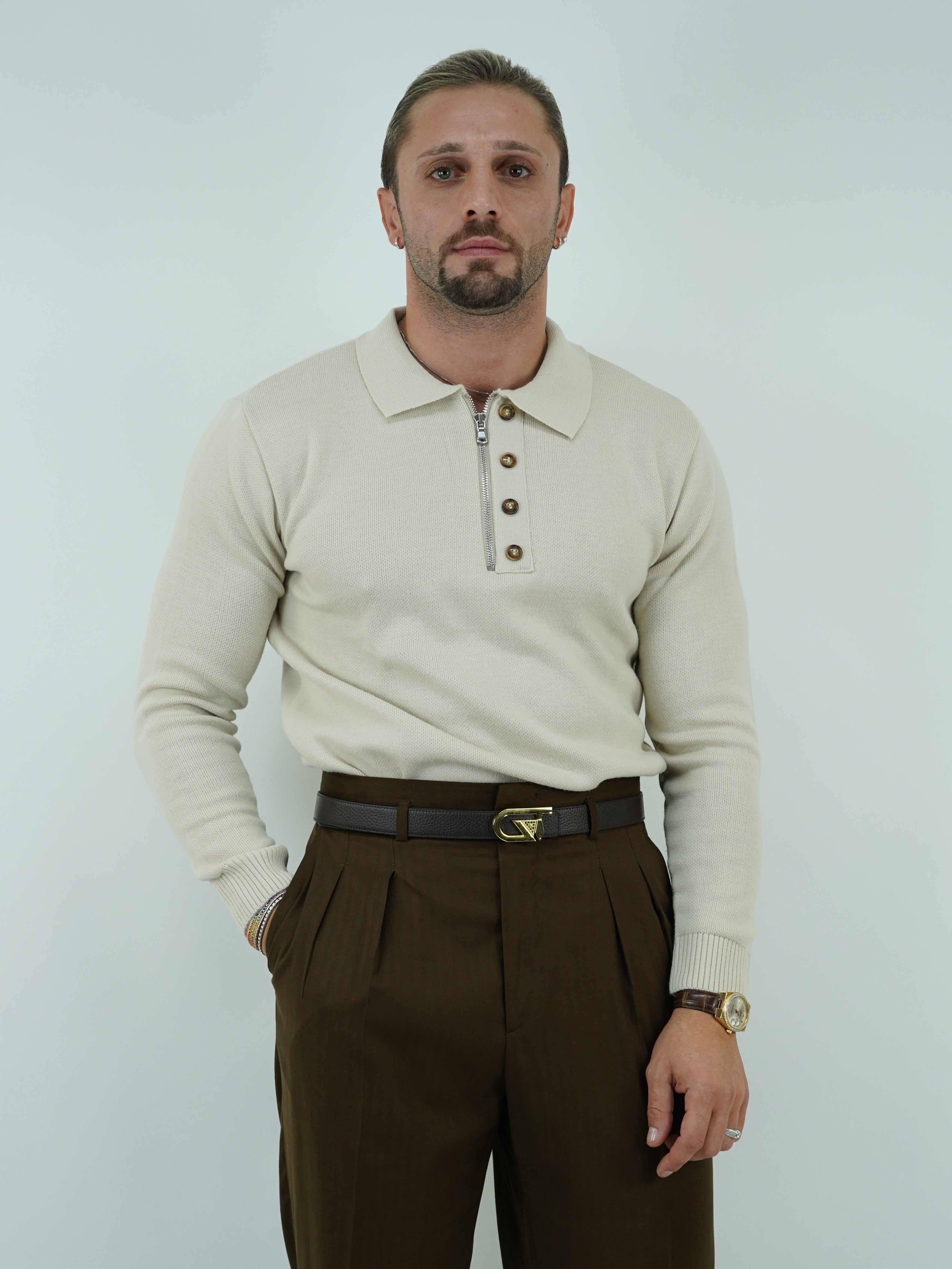 Maglia polo con zip beige in lana