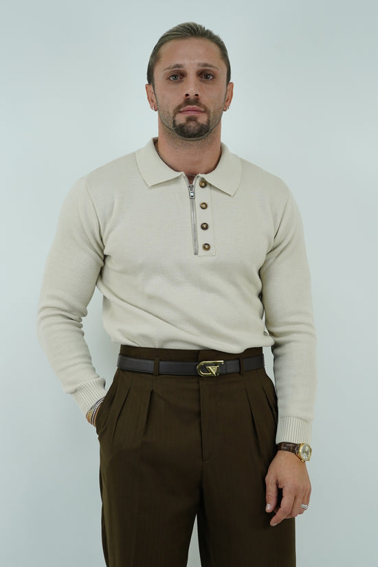 Maglia polo con zip beige in lana