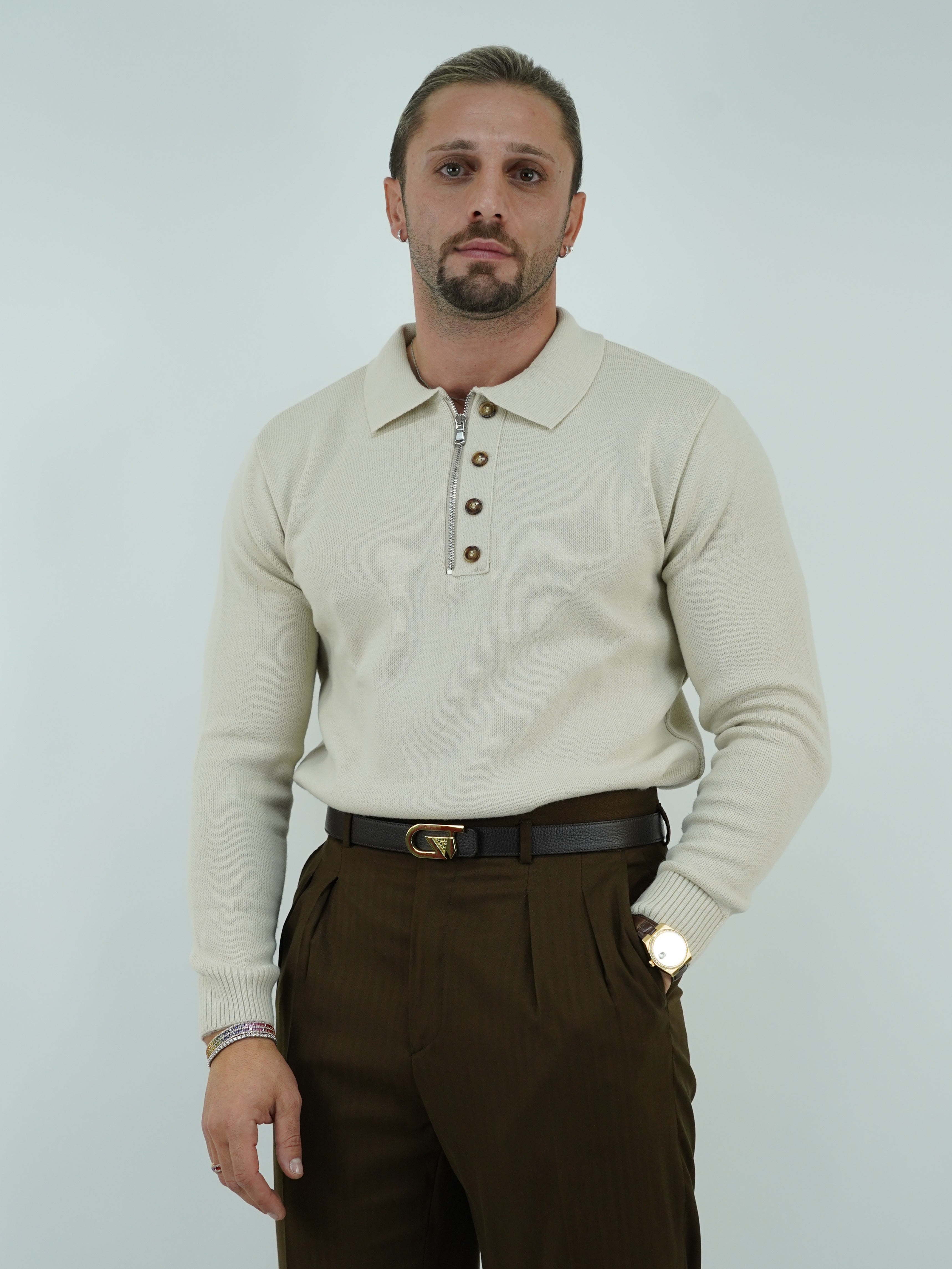 Maglia polo con zip beige in lana