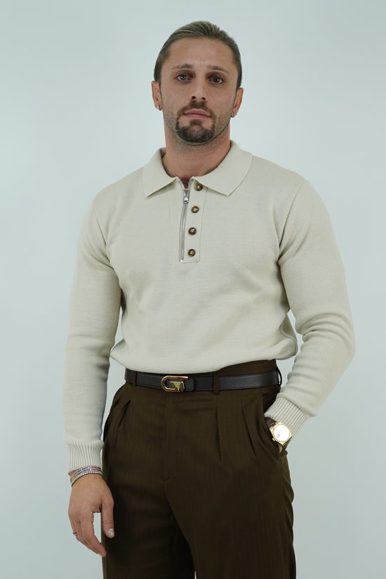Maglia polo con zip beige in lana