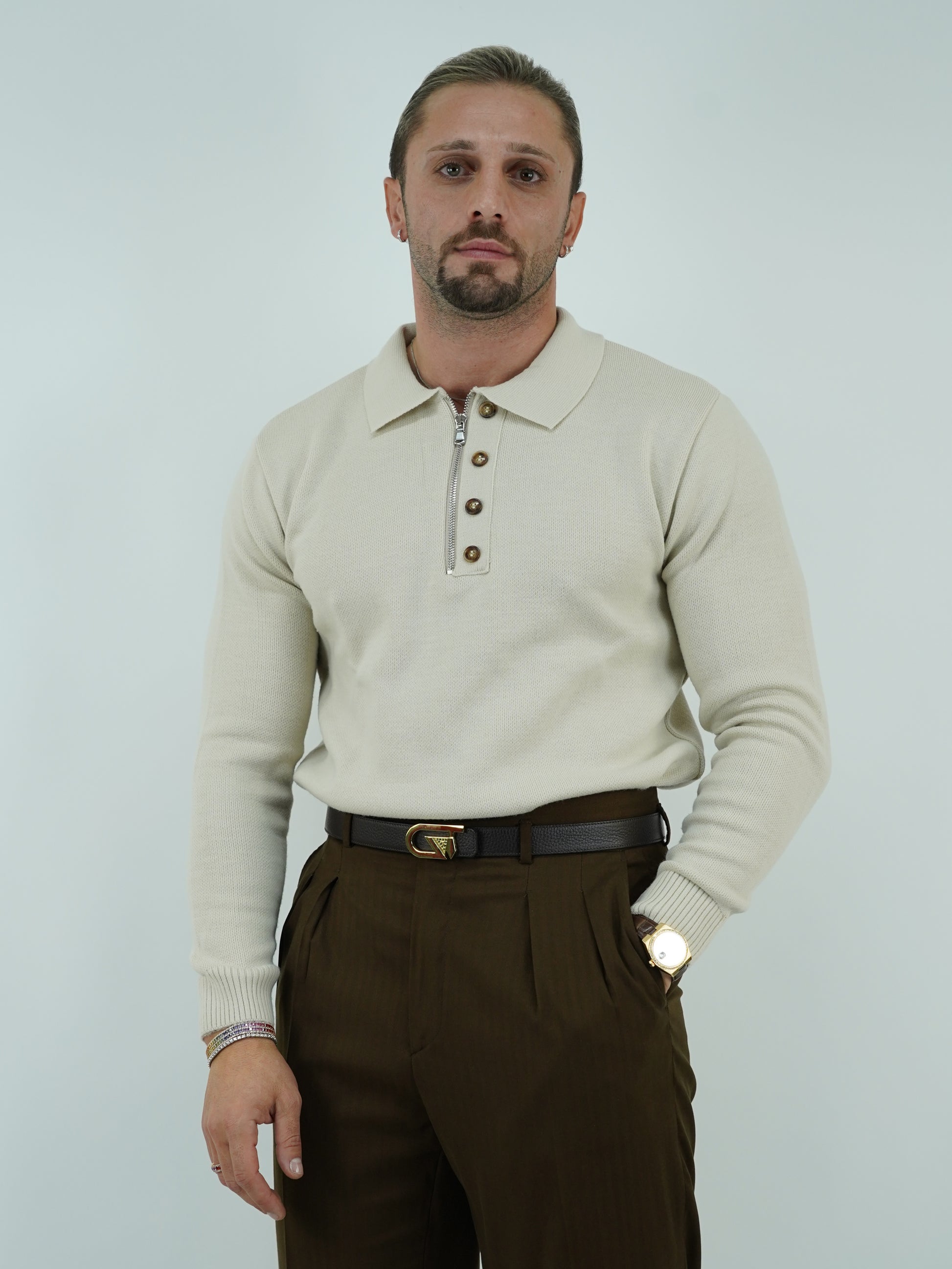 Maglia polo con zip beige in lana