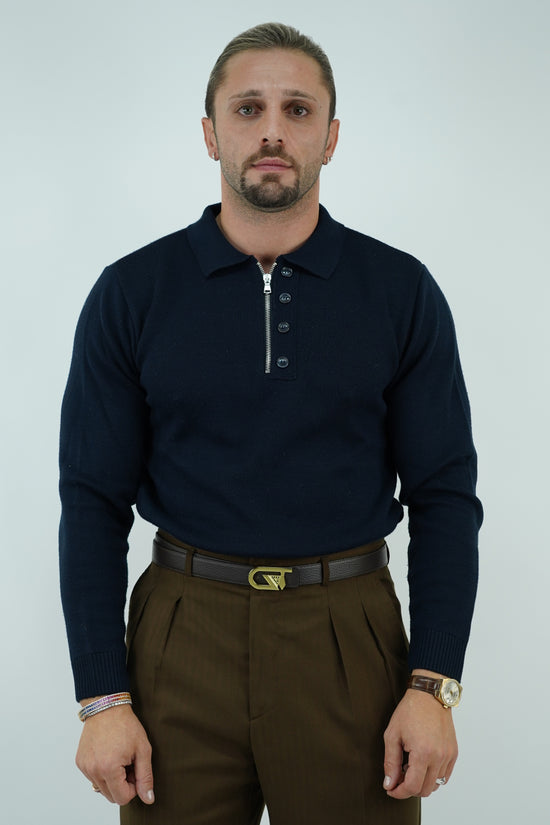 Maglia polo con zip blu in lana