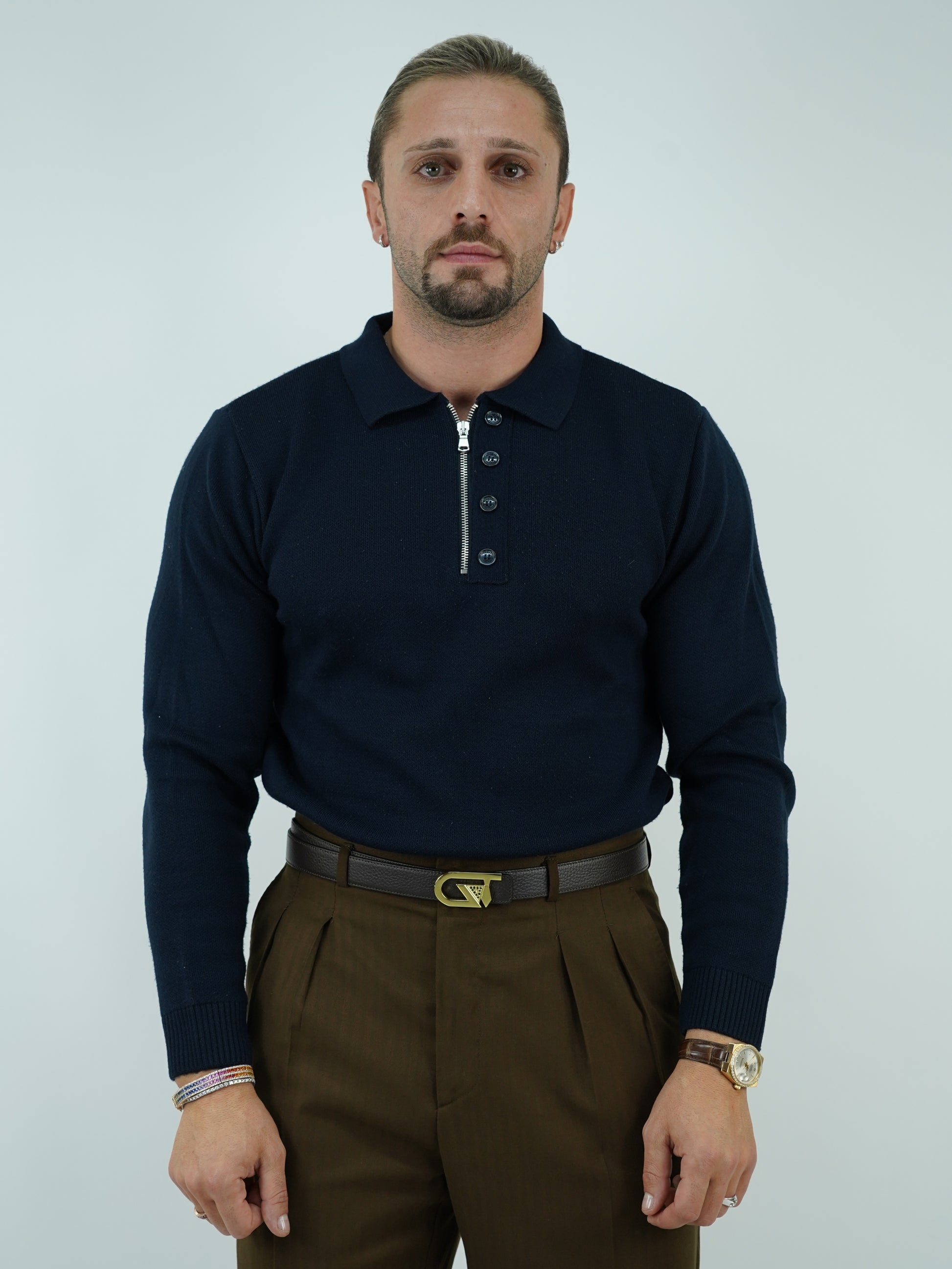 Maglia polo con zip blu in lana