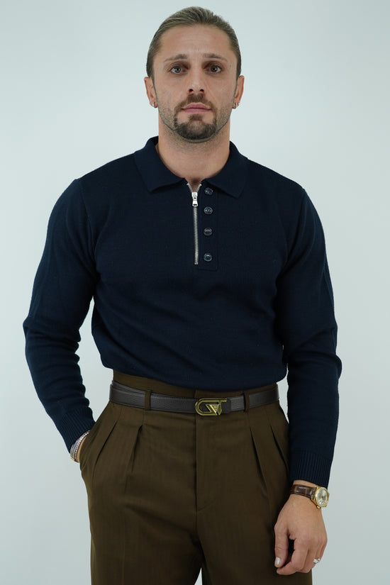 Maglia polo con zip blu in lana