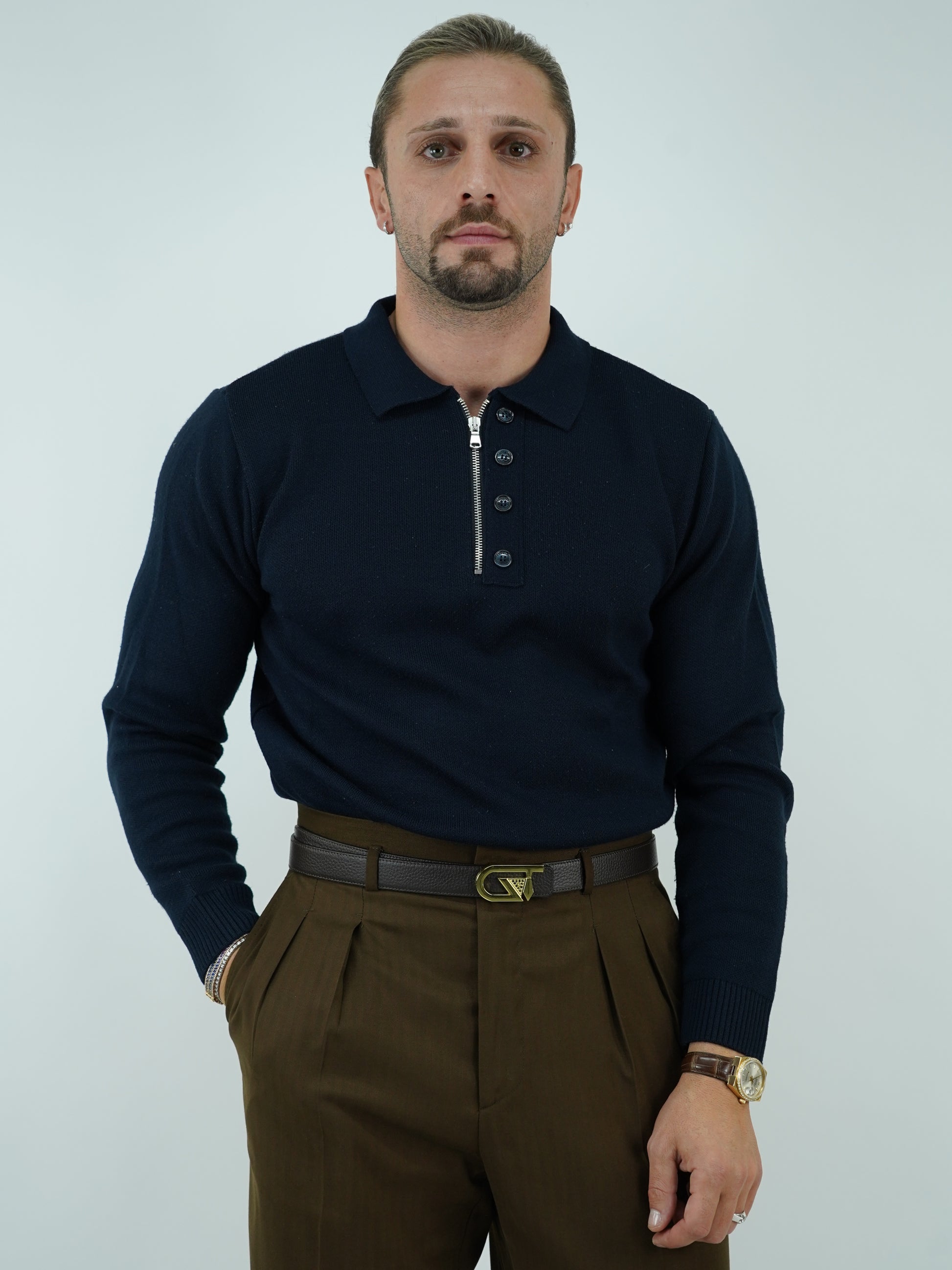 Maglia polo con zip blu in lana